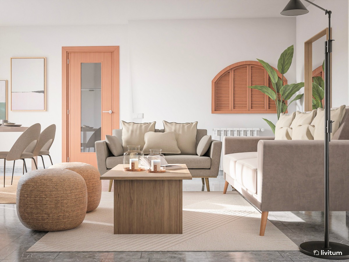 Salón comedor moderno y rústico con colores neutros