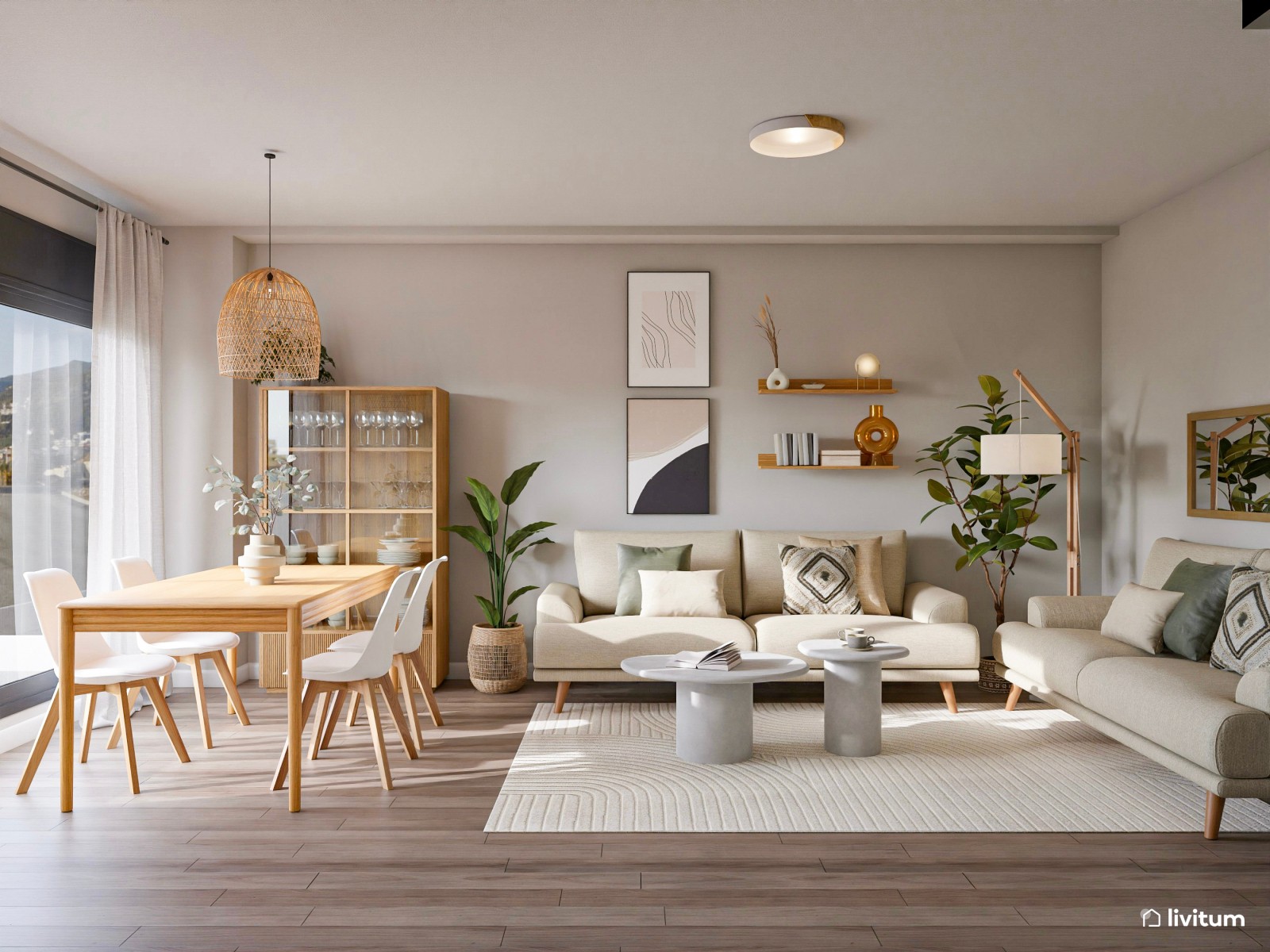 Salón comedor muy acogedor con decoración natural