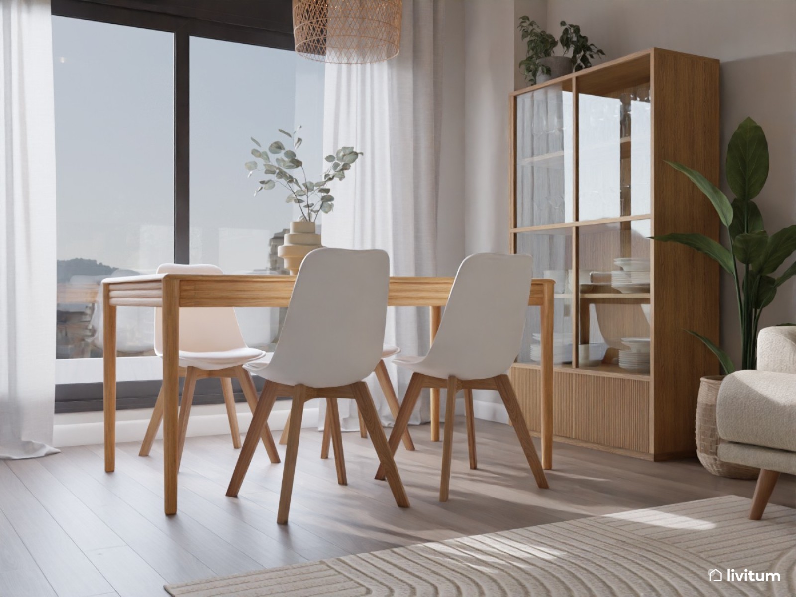 Salón comedor muy acogedor con decoración natural