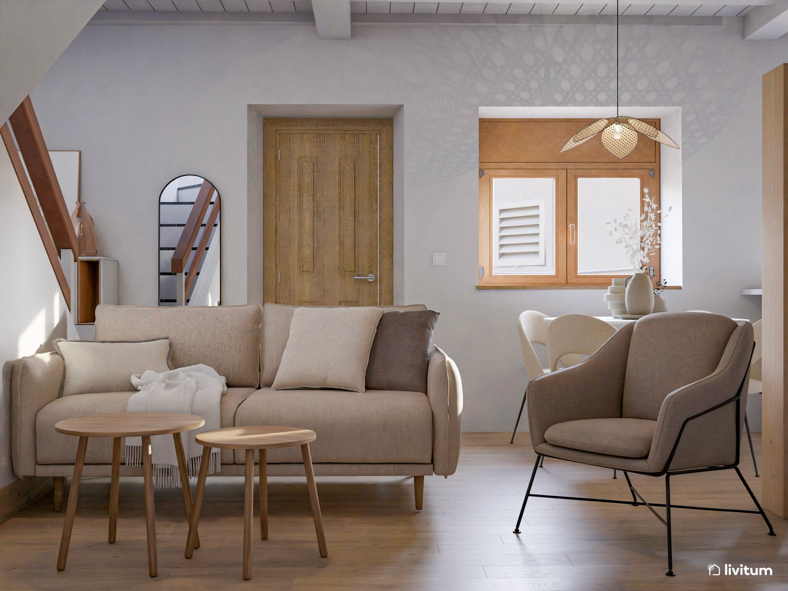 Salón comedor muy pequeño coqueto, cálido y decorado en tonos claros