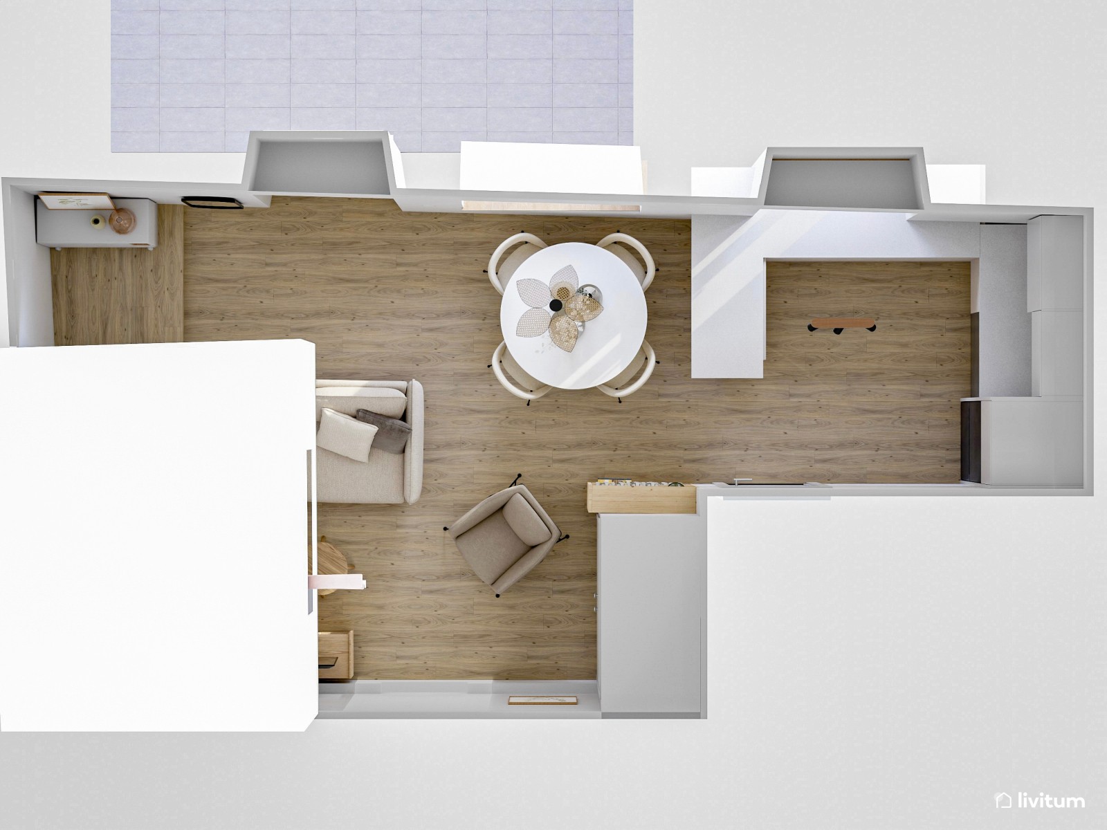 Salón comedor muy pequeño coqueto, cálido y decorado en tonos claros