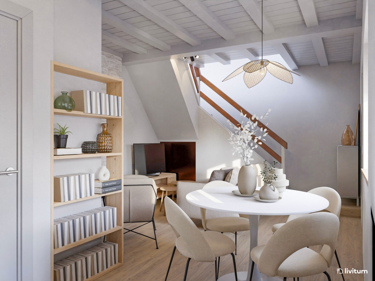 Salón comedor muy pequeño coqueto, cálido y decorado en tonos claros
