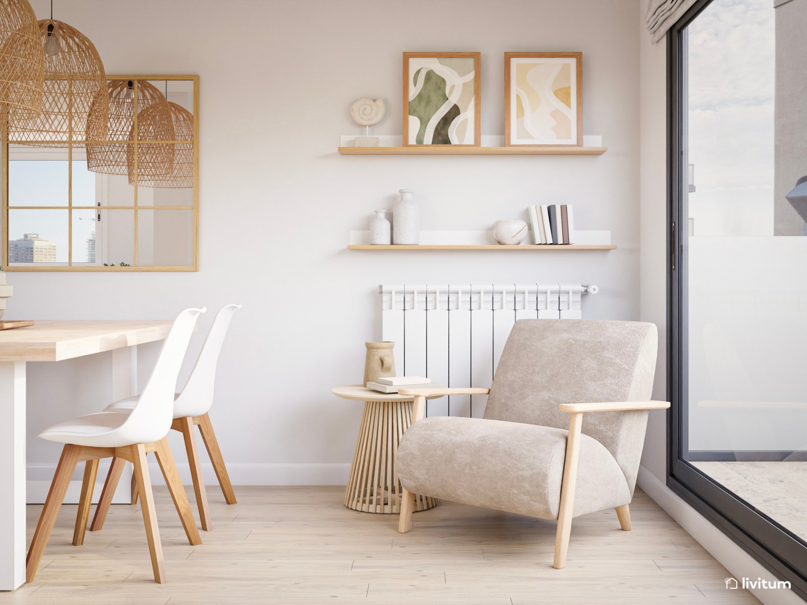 Salón comedor nórdico acogedor y con detalles rústicos 