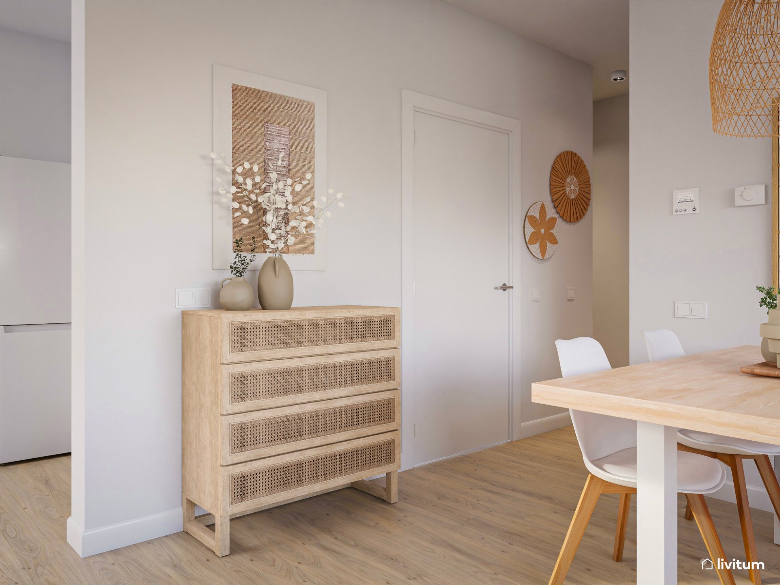 Salón comedor nórdico acogedor y con detalles rústicos 