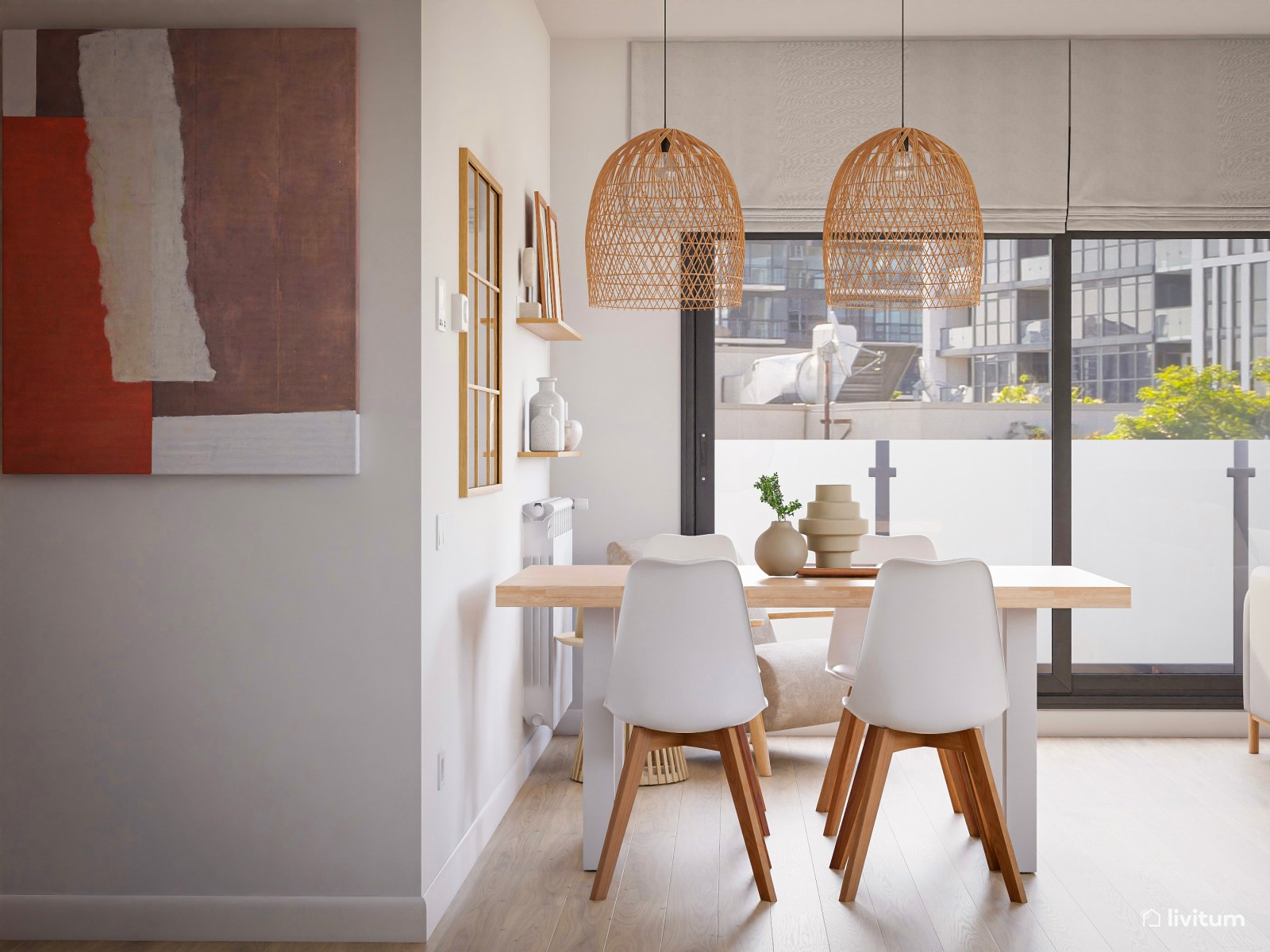 Salón comedor nórdico acogedor y con detalles rústicos 