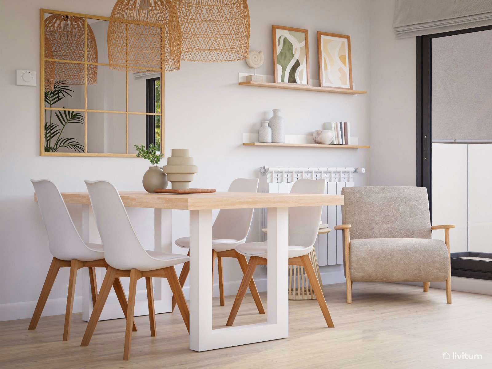 Salón comedor nórdico acogedor y con detalles rústicos 