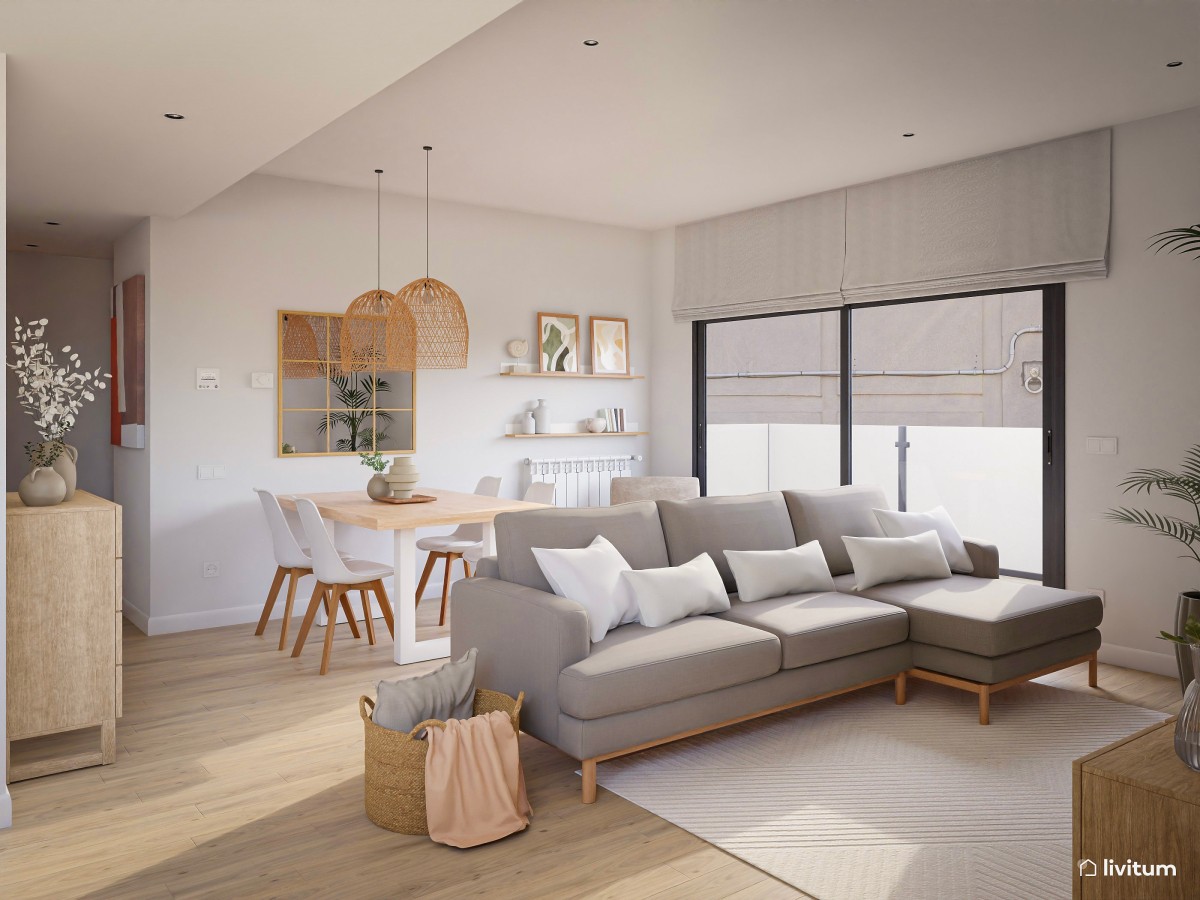 Salón comedor nórdico acogedor y con detalles rústicos - Livitum.com