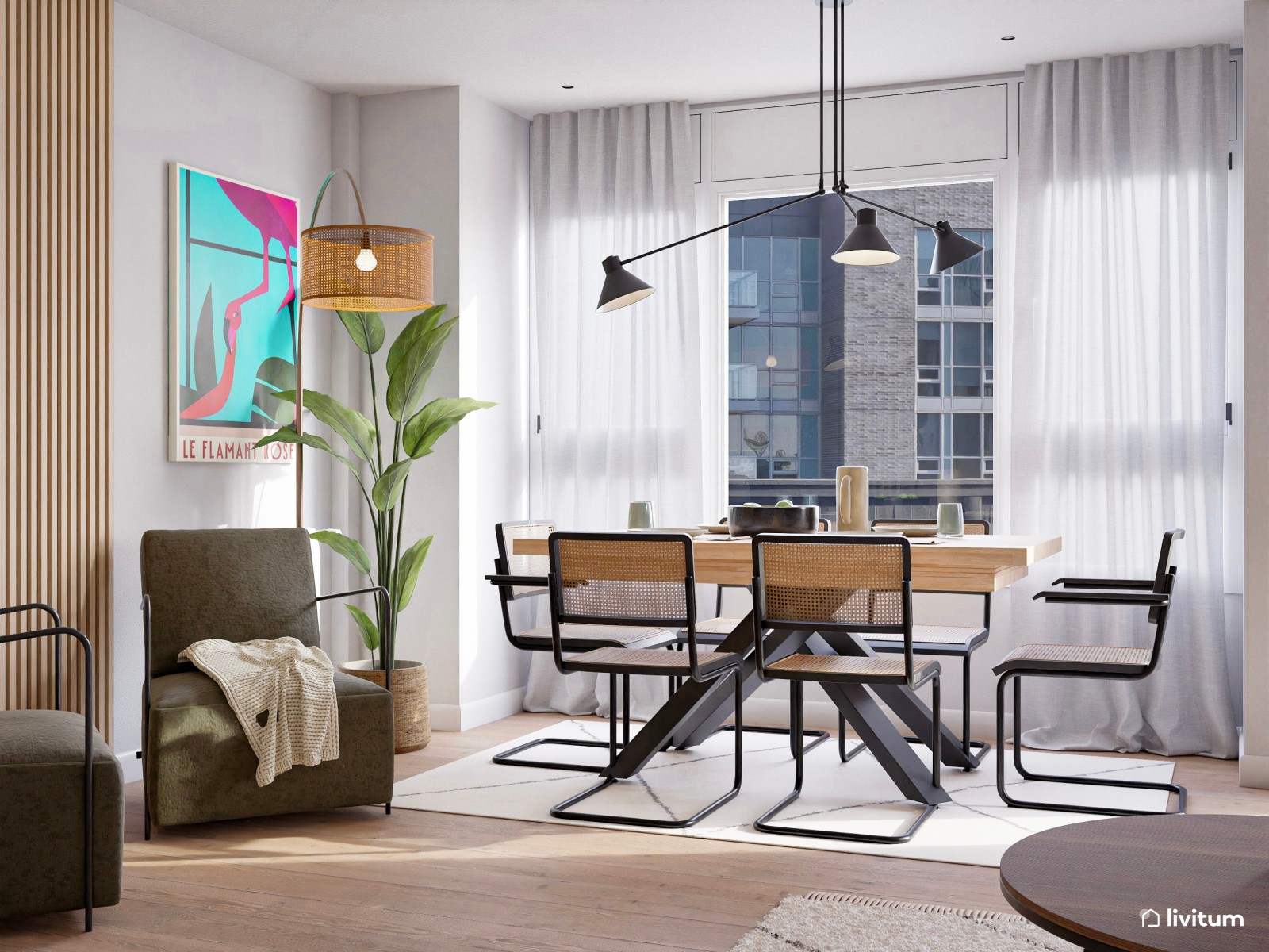 Salón comedor nórdico con acentos industriales en negro