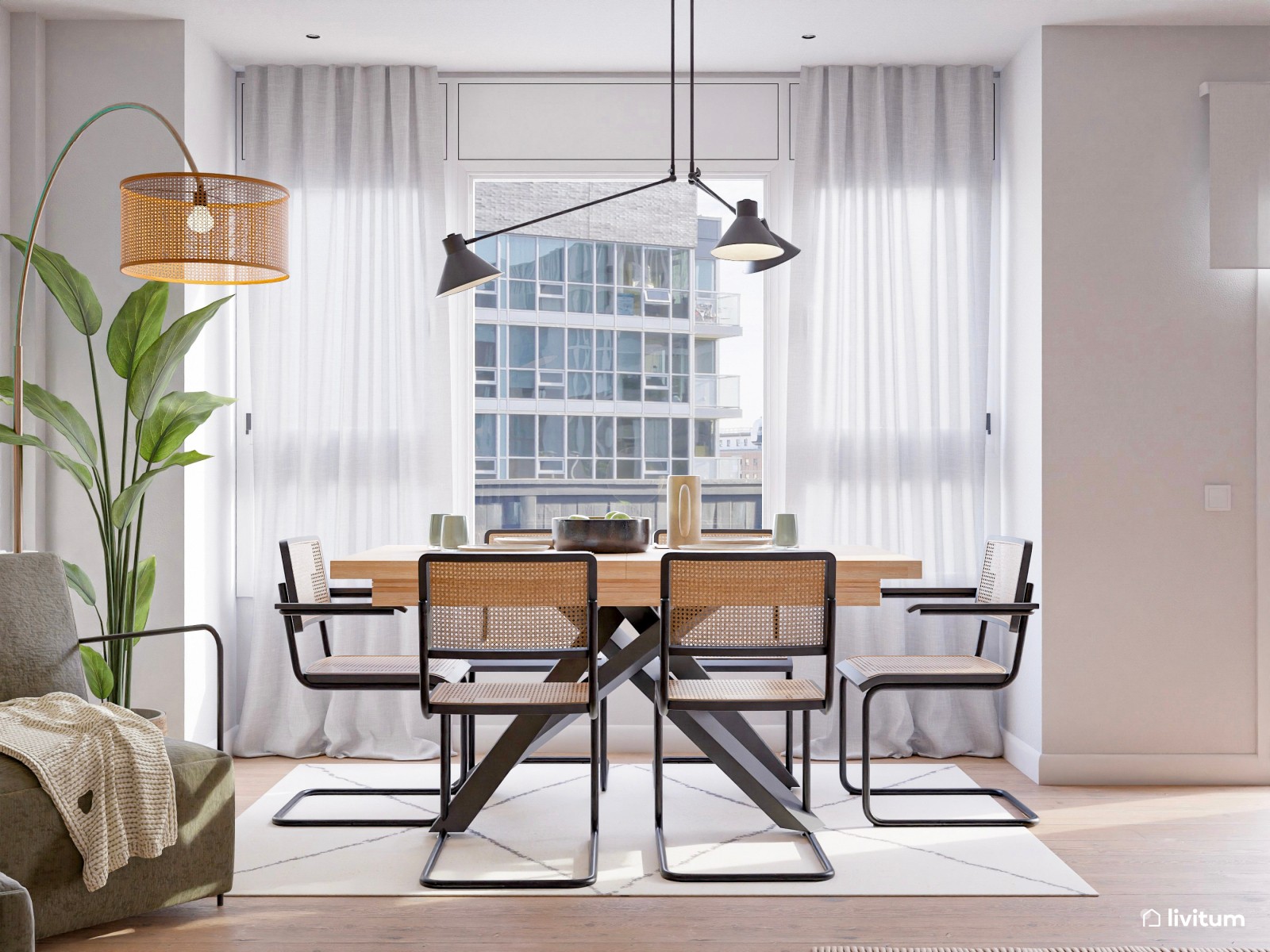 Salón comedor nórdico con acentos industriales en negro