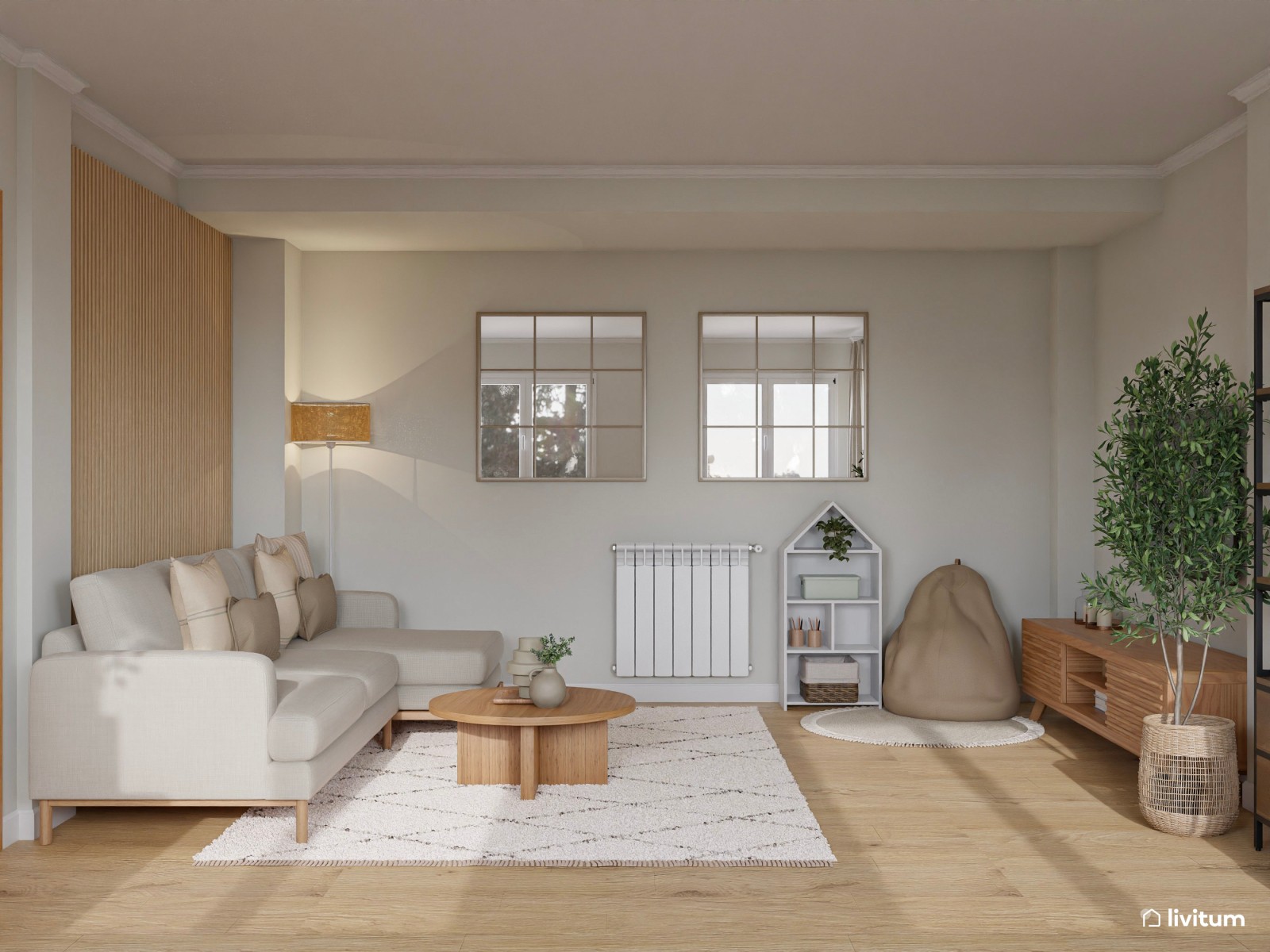 Salón comedor nórdico con chimenea y zona de juegos