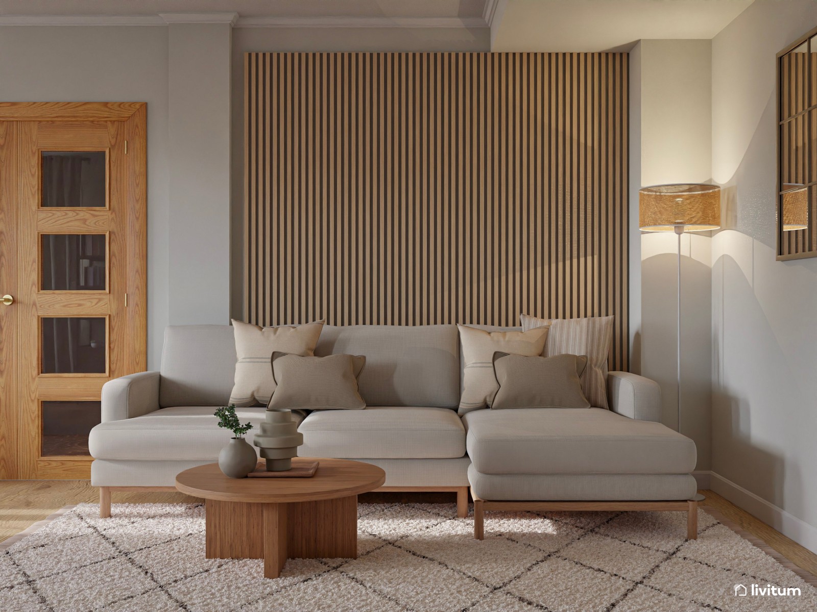 Salón comedor nórdico con chimenea y zona de juegos