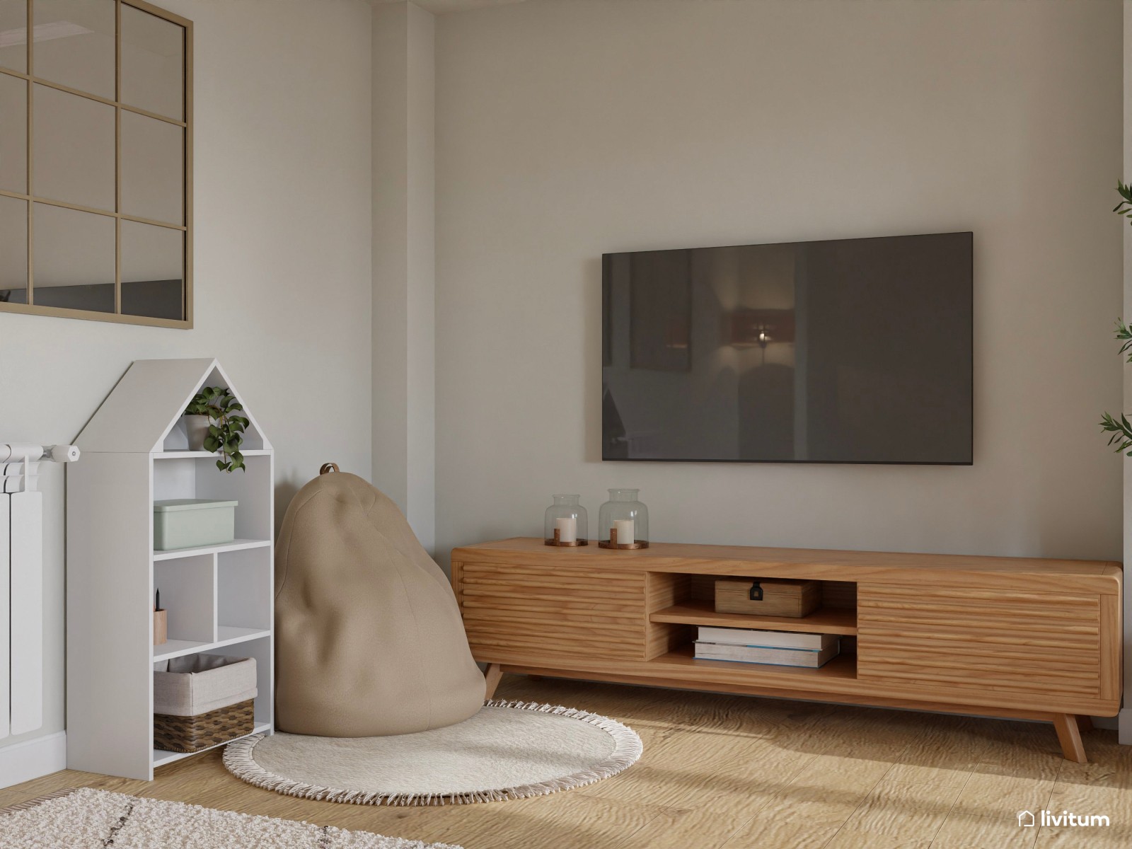 Salón comedor nórdico con chimenea y zona de juegos