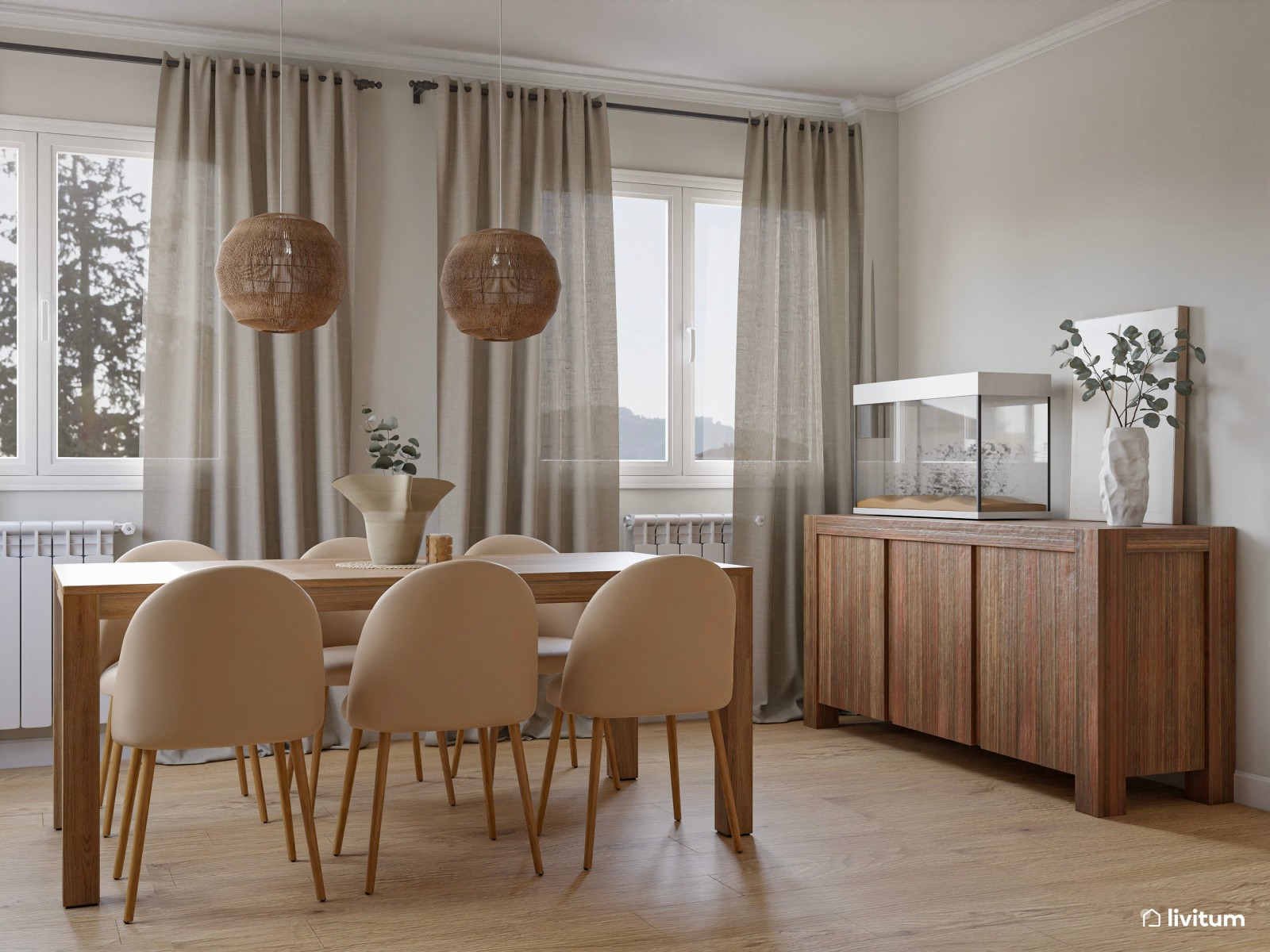 Salón comedor nórdico con chimenea y zona de juegos