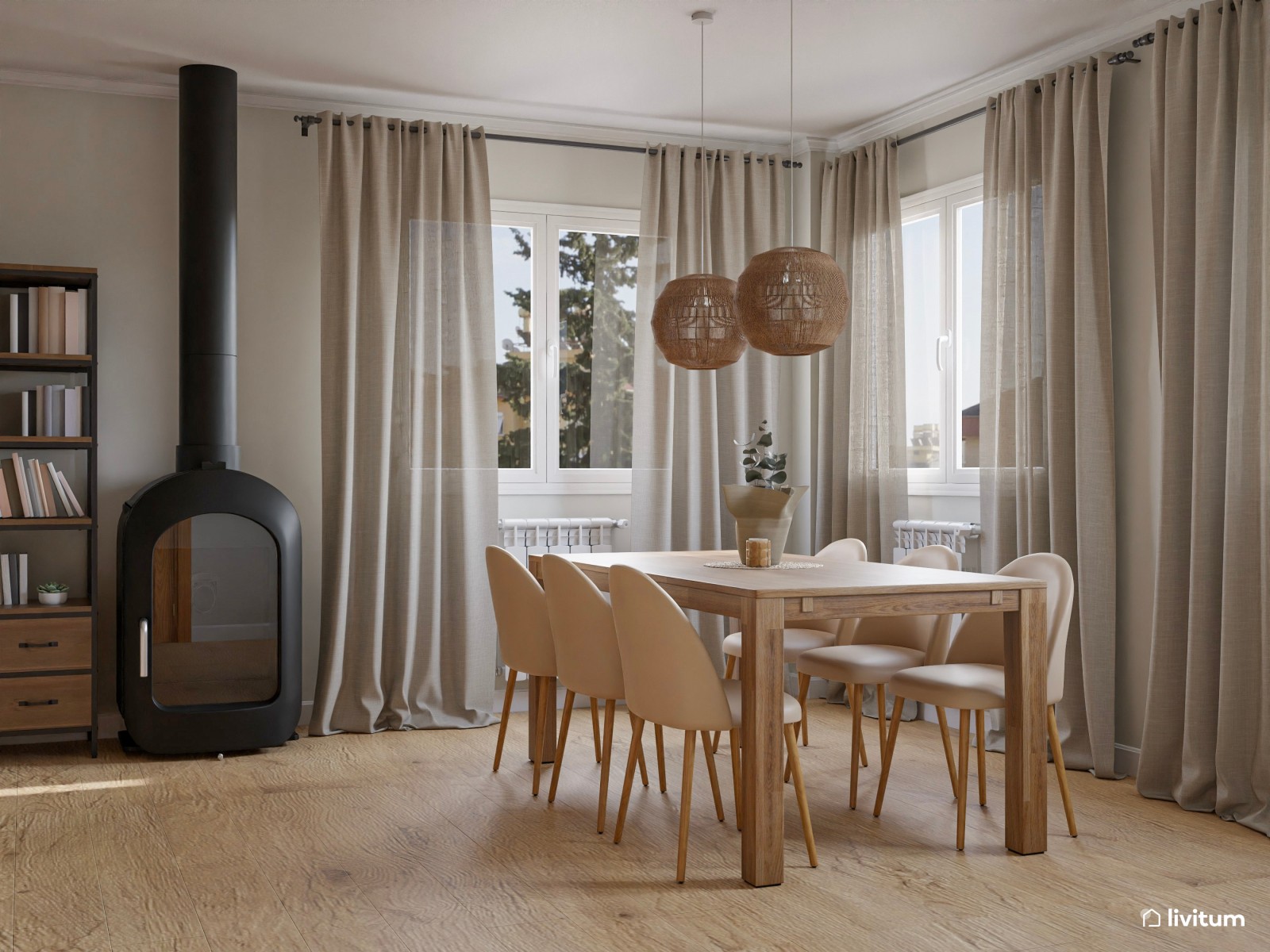 Salón comedor nórdico con chimenea y zona de juegos
