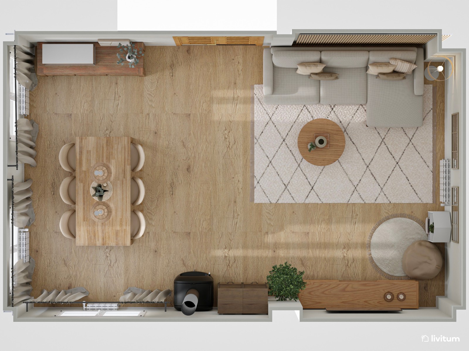 Salón comedor nórdico con chimenea y zona de juegos