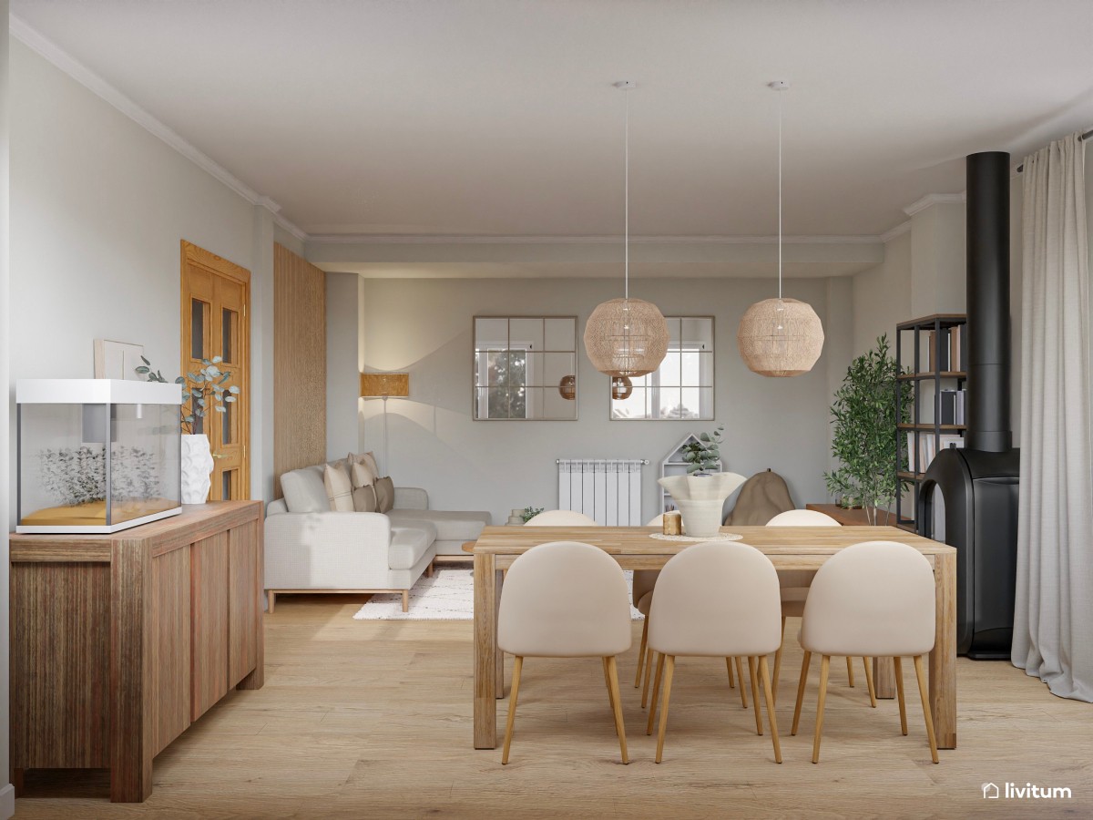 Salón comedor nórdico con chimenea y zona de juegos