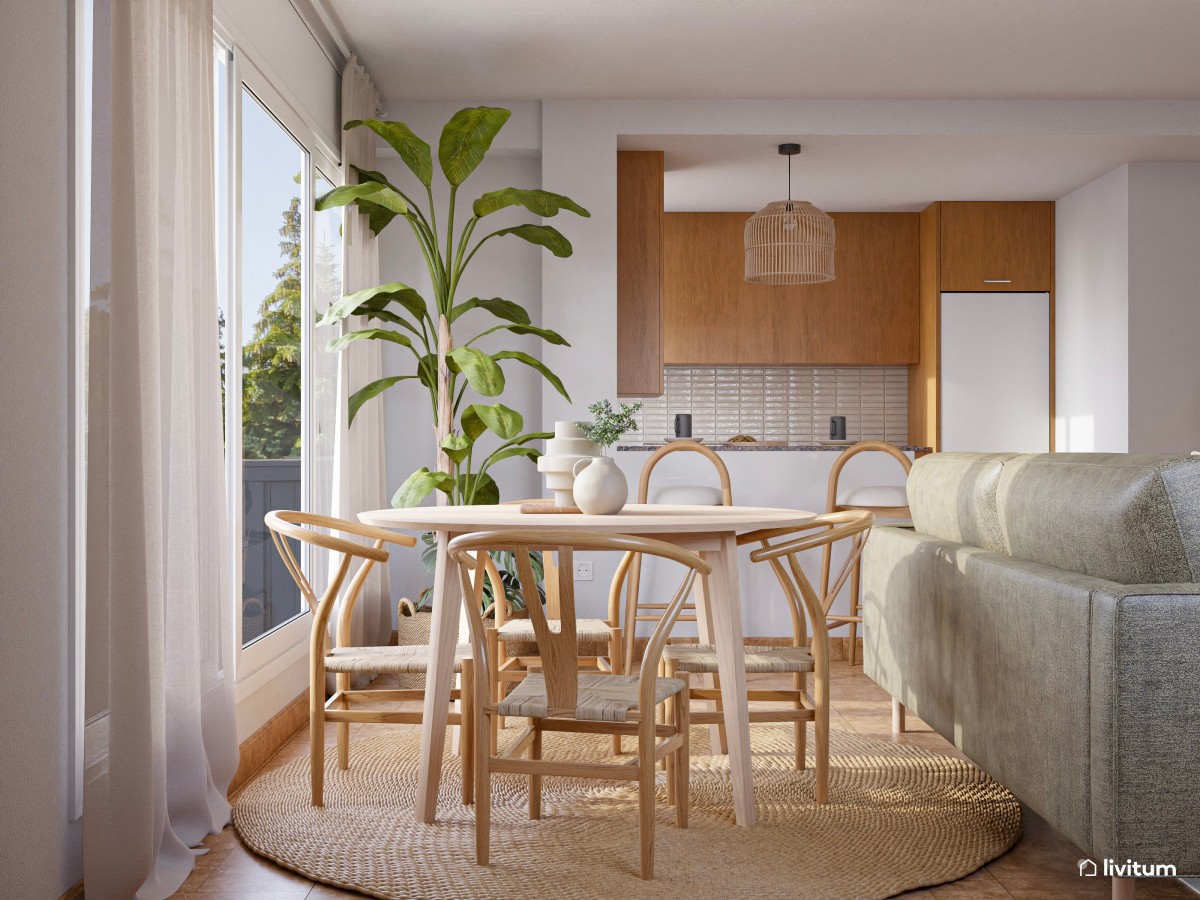 Salón comedor nórdico con cocina abierta con acentos en verde oscuro