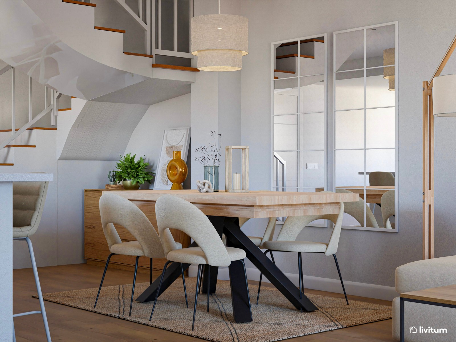 Salón comedor nórdico con cocina abierta con detalles en tonos tierra