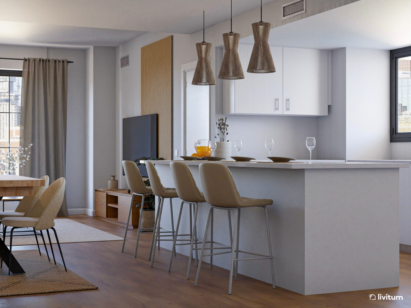Salón comedor nórdico con cocina abierta con detalles en tonos tierra