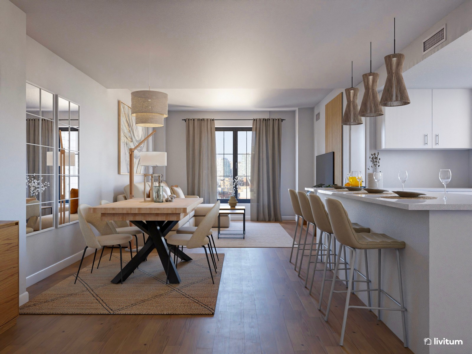 Salón comedor nórdico con cocina abierta con detalles en tonos tierra