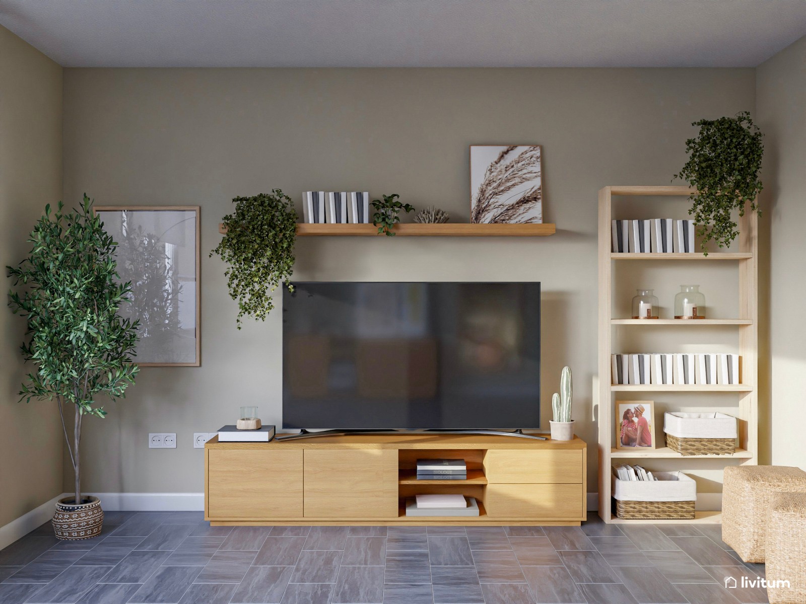 Salón comedor nórdico con cocina acristalada