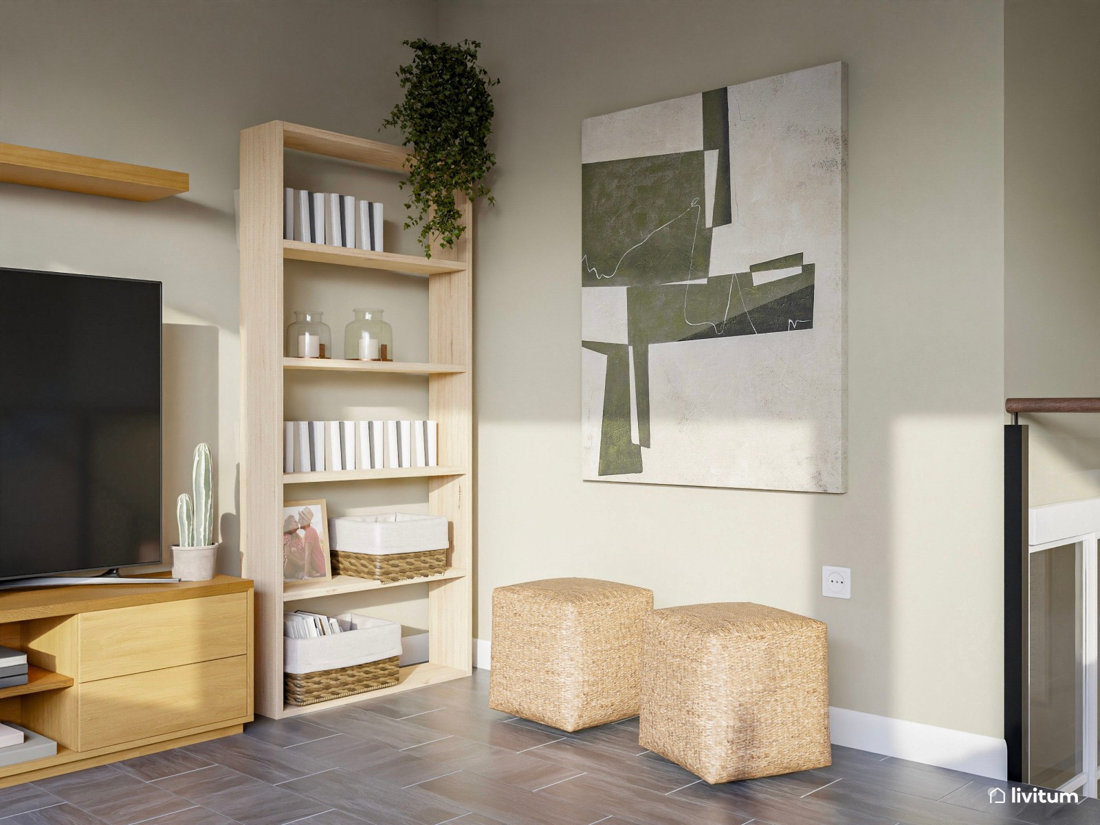 Salón comedor nórdico con cocina acristalada