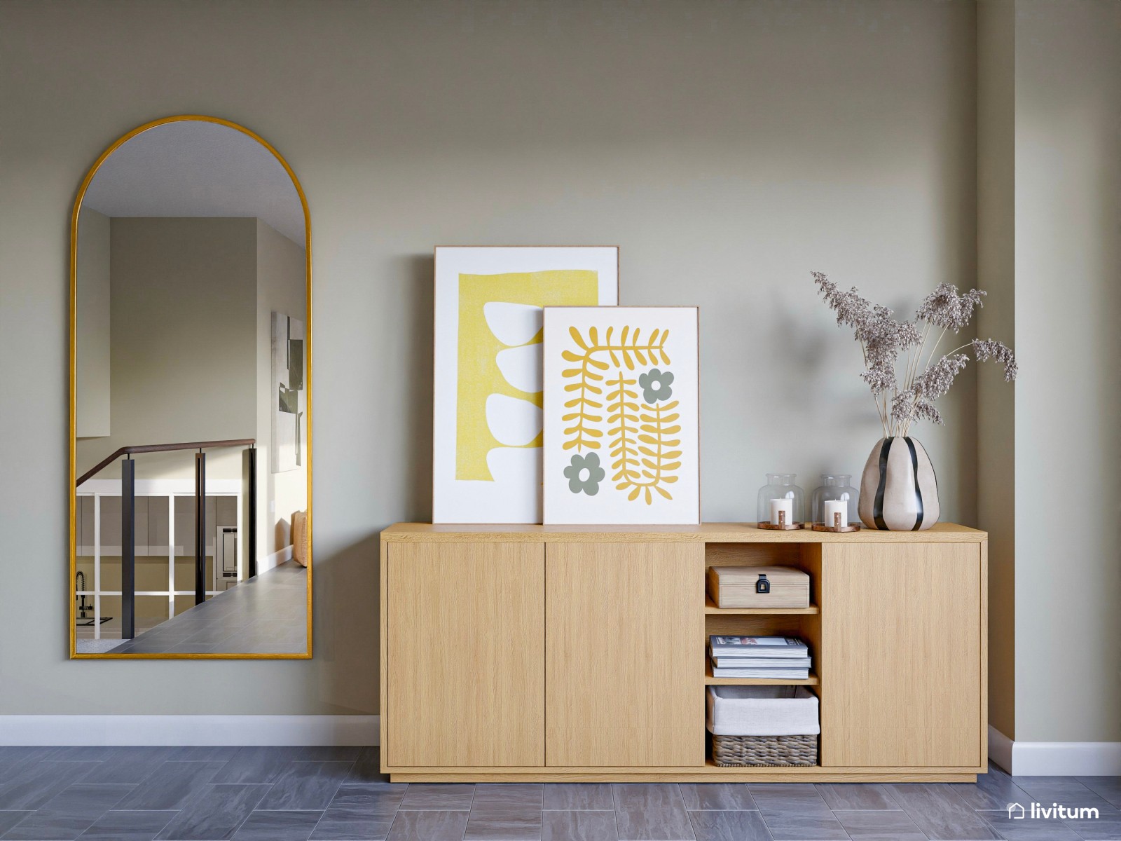 Salón comedor nórdico con cocina acristalada