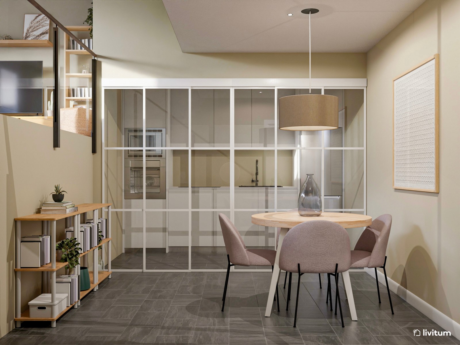 Salón comedor nórdico con cocina acristalada