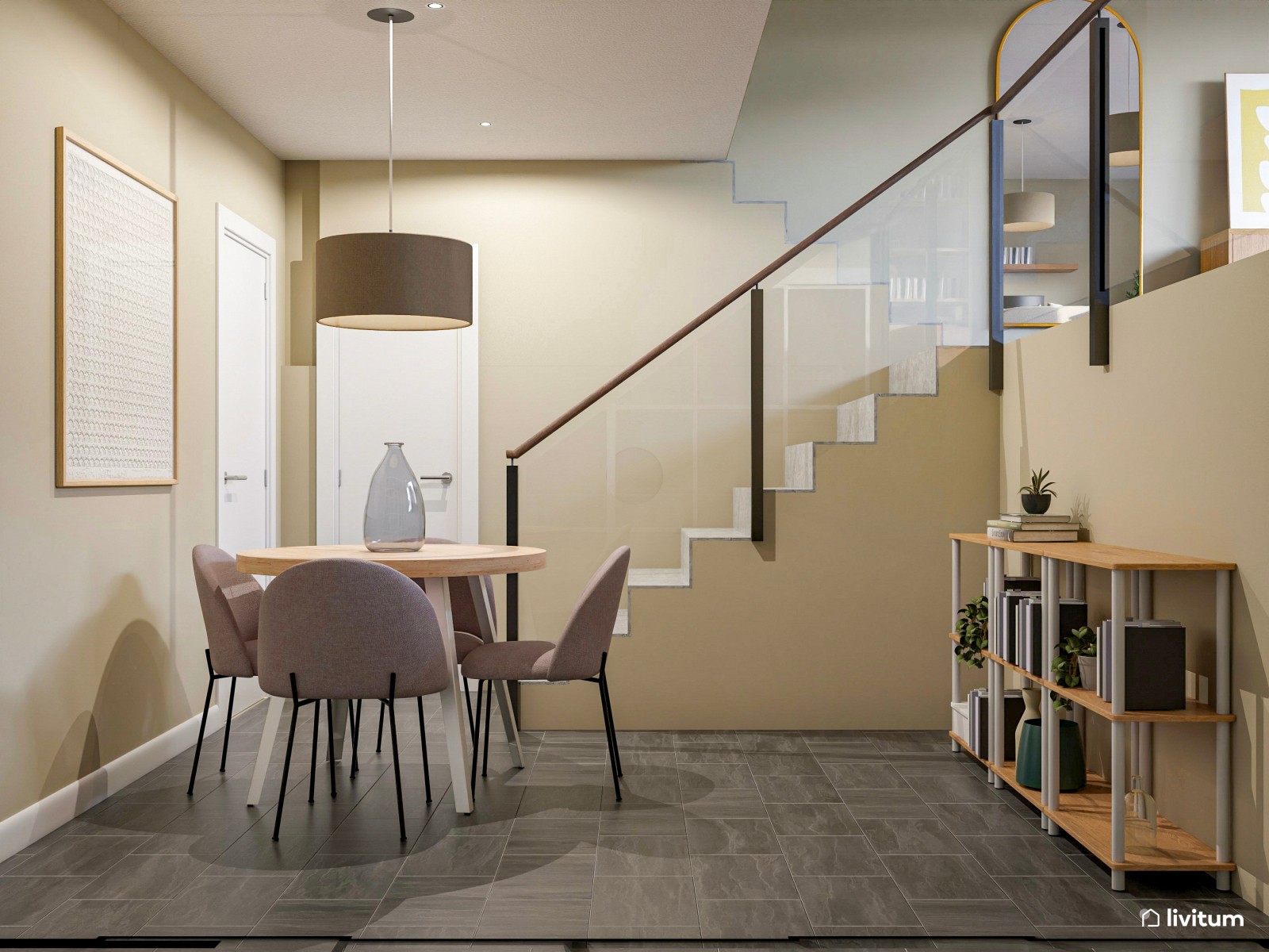 Salón comedor nórdico con cocina acristalada