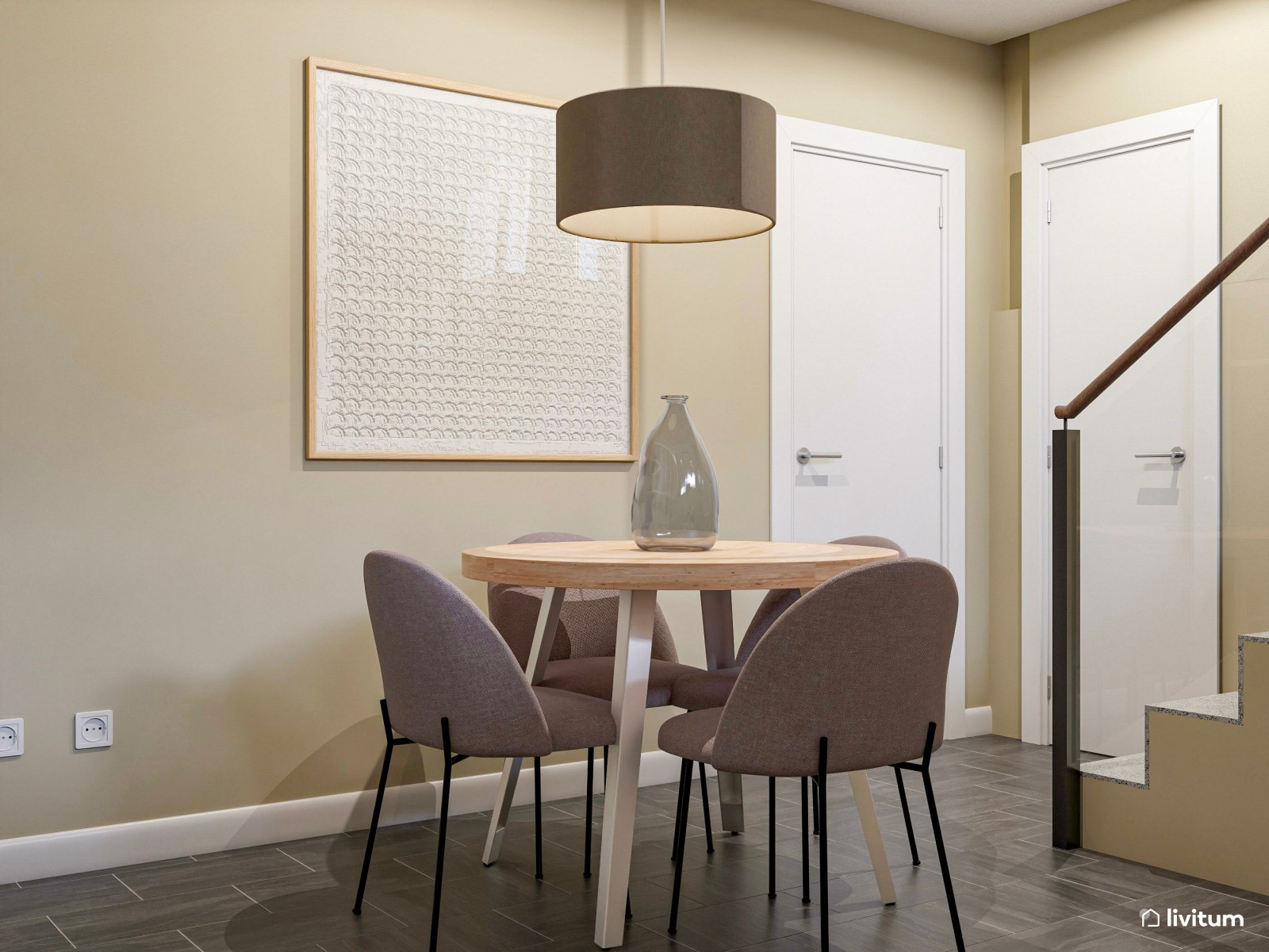 Salón comedor nórdico con cocina acristalada