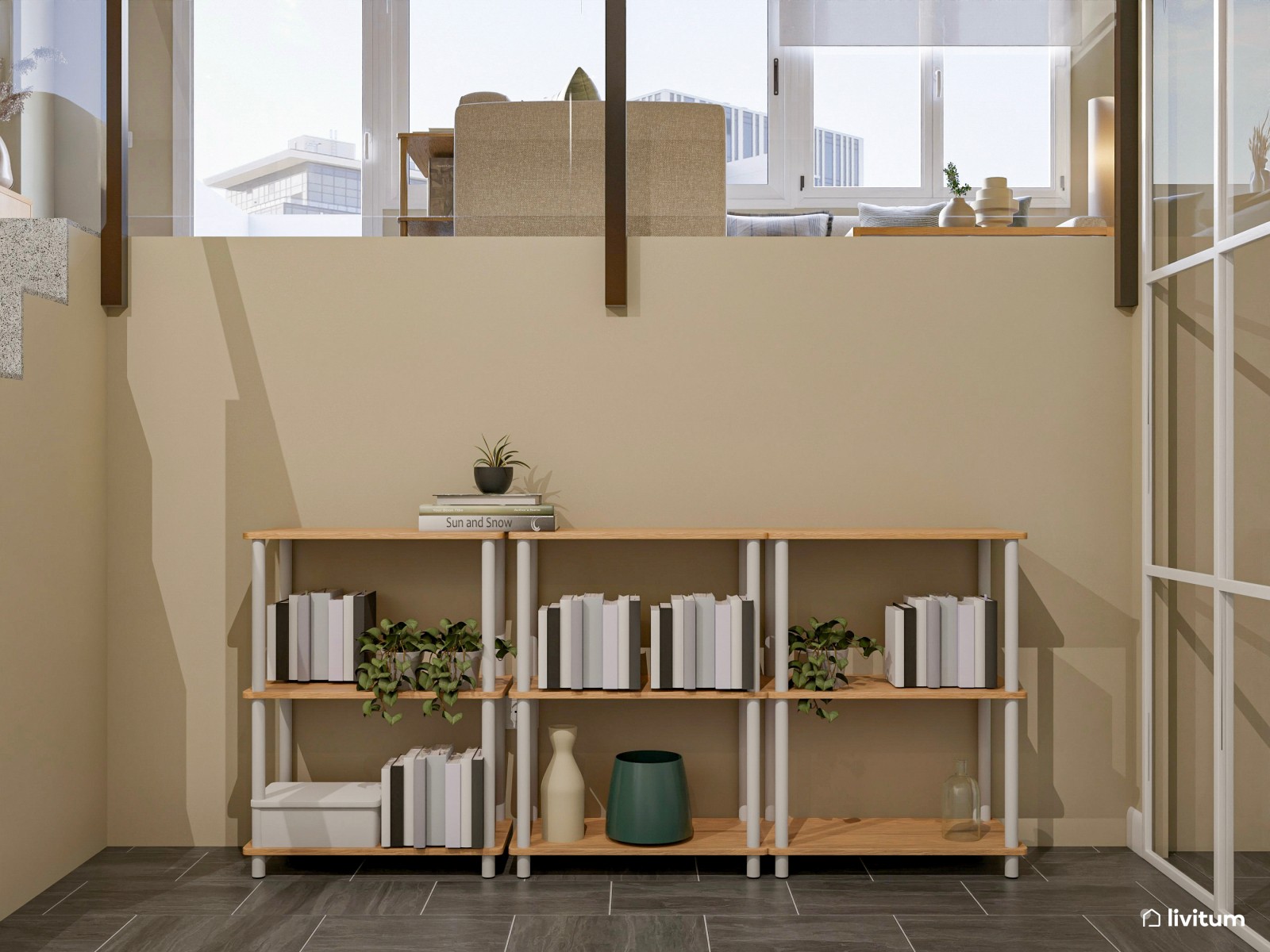 Salón comedor nórdico con cocina acristalada