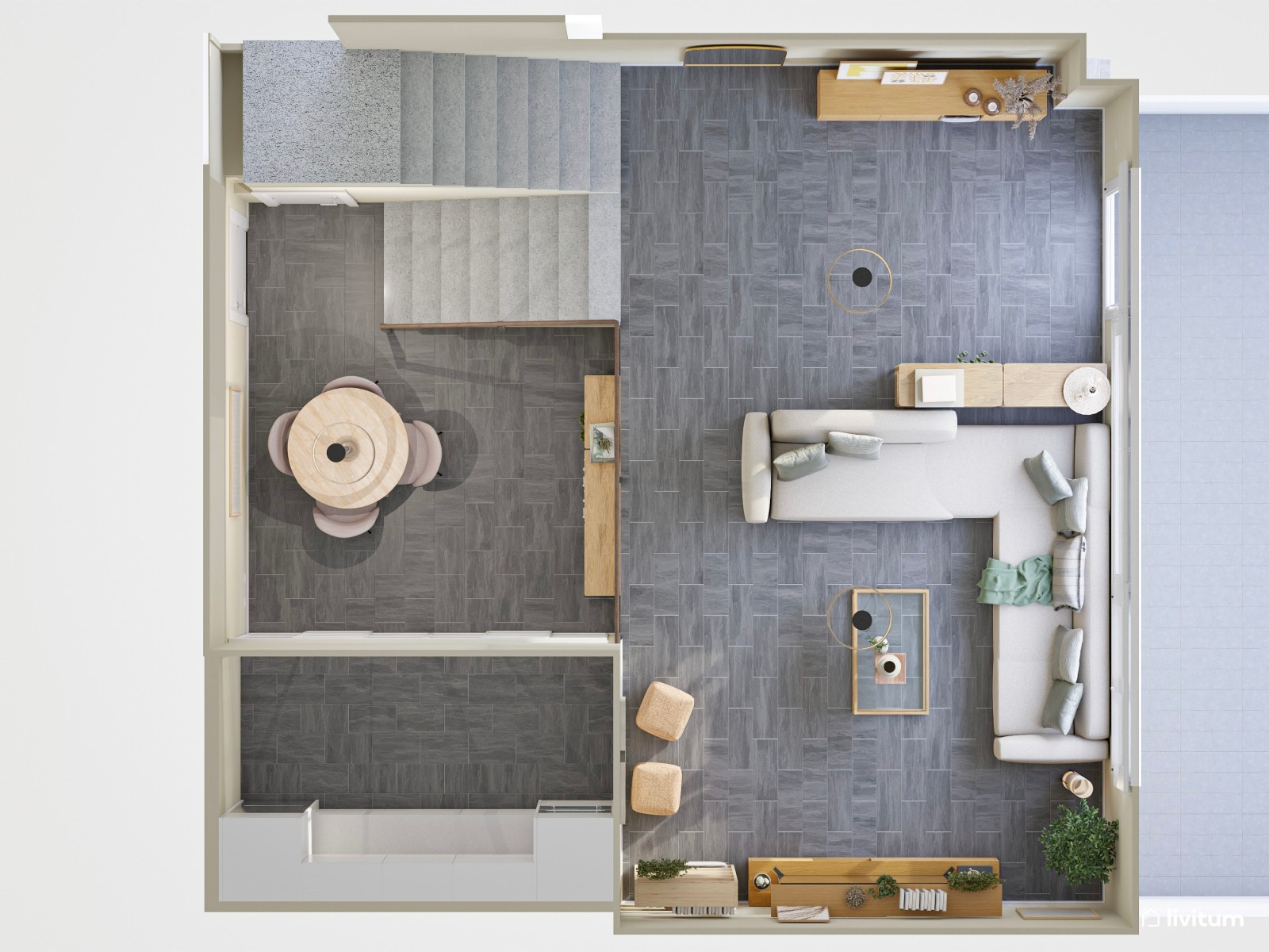 Salón comedor nórdico con cocina acristalada