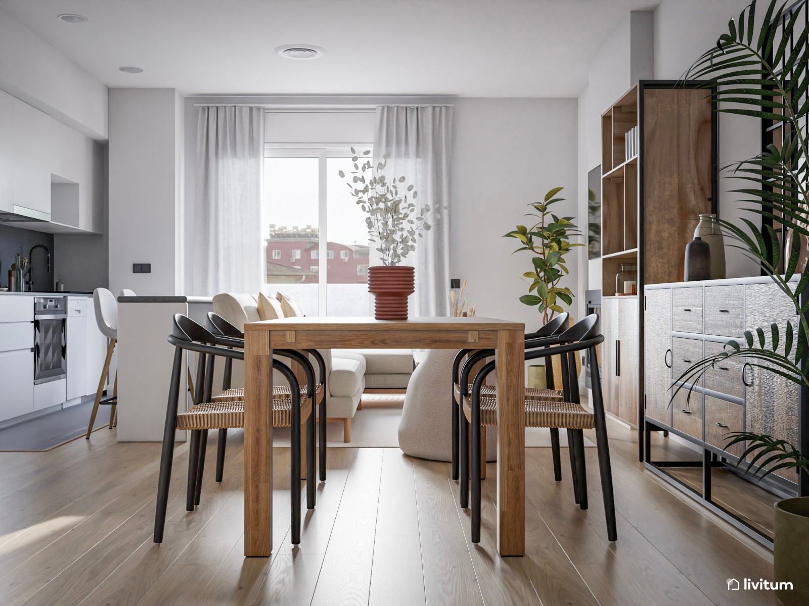 Salón comedor nórdico con detalles rústicos industriales 