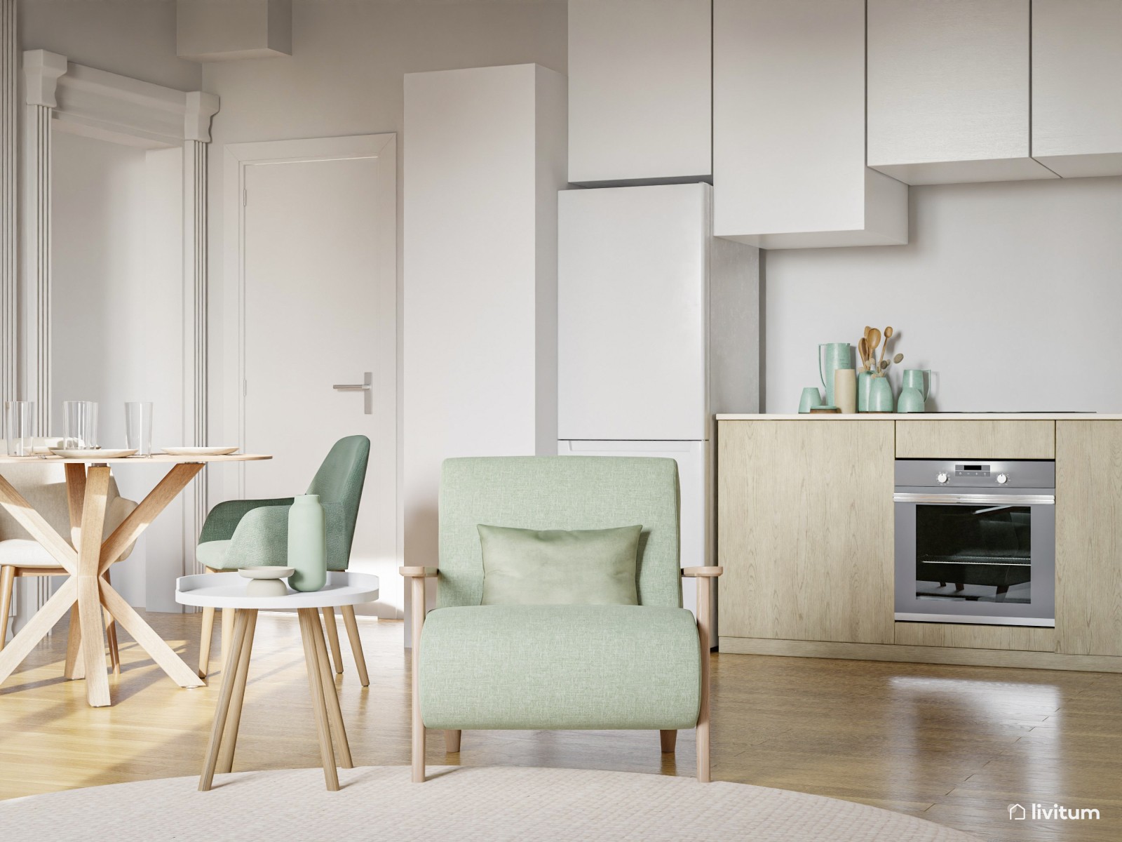 Salón comedor nórdico con encanto en beige y verde 