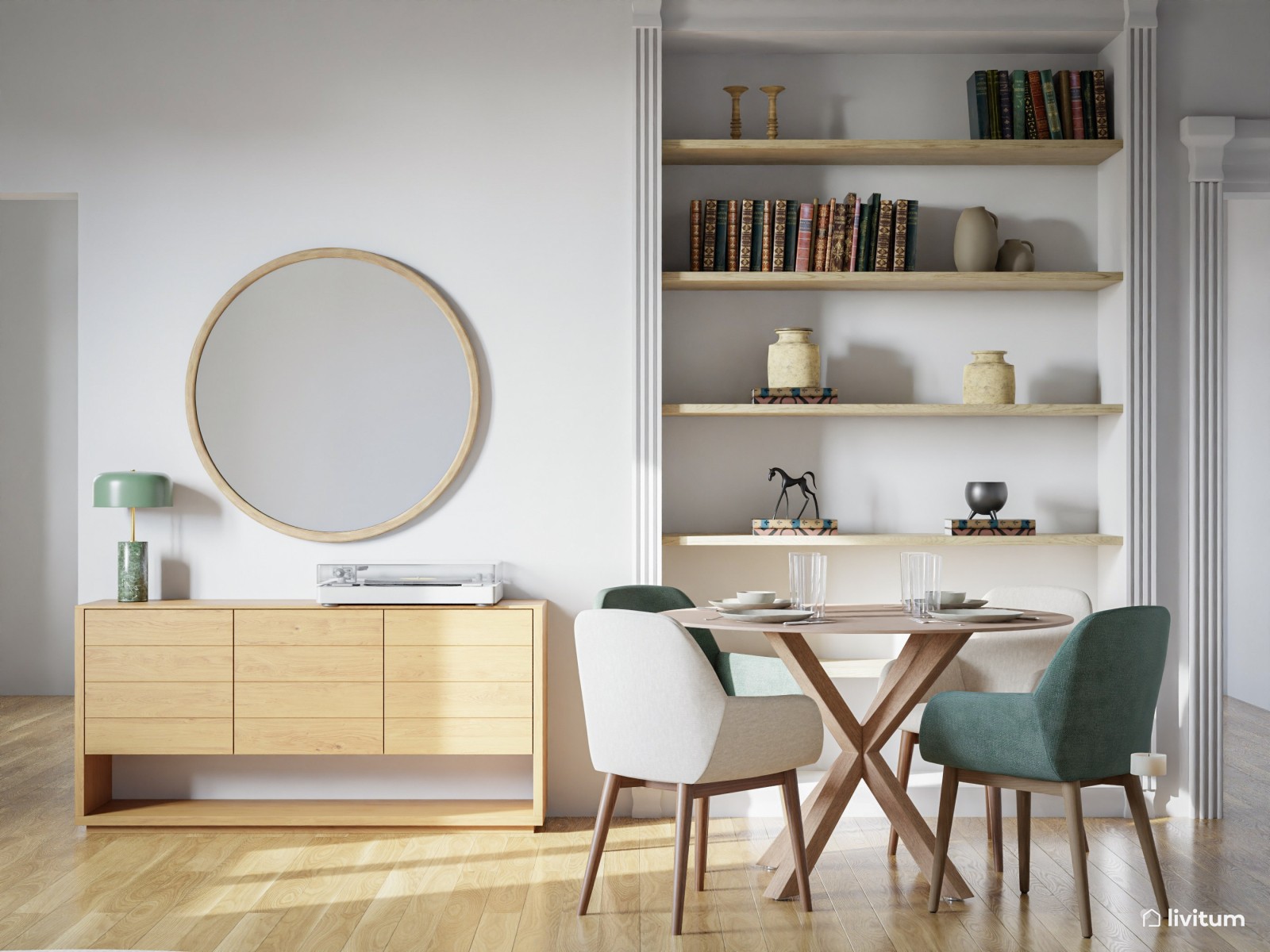 Salón comedor nórdico con encanto en beige y verde 