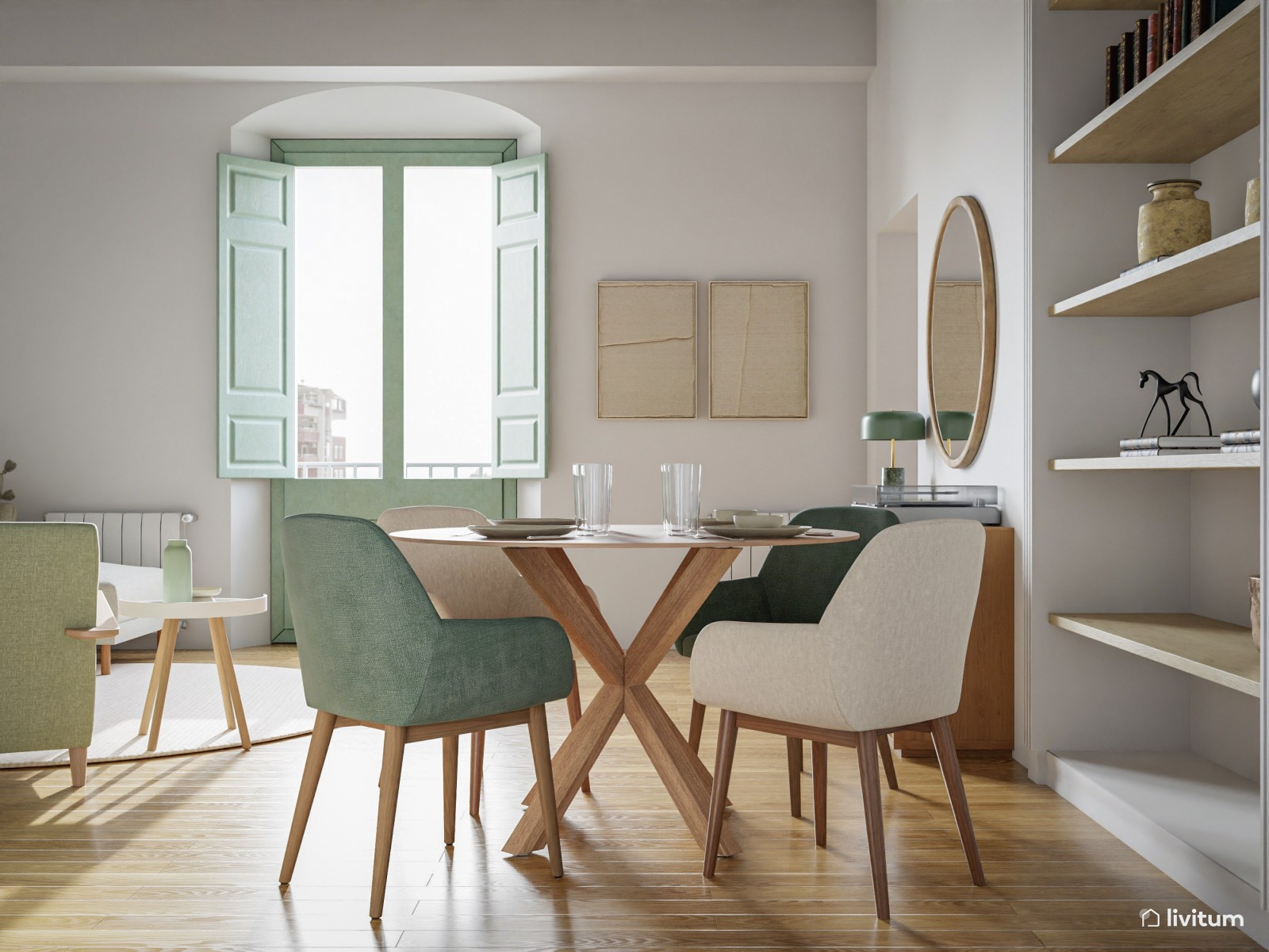 Salón comedor nórdico con encanto en beige y verde 