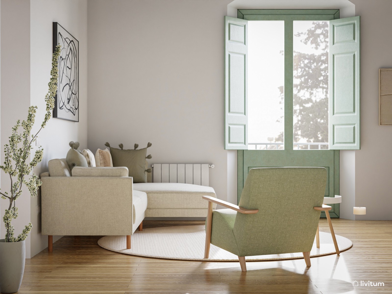 Salón comedor nórdico con encanto en beige y verde 