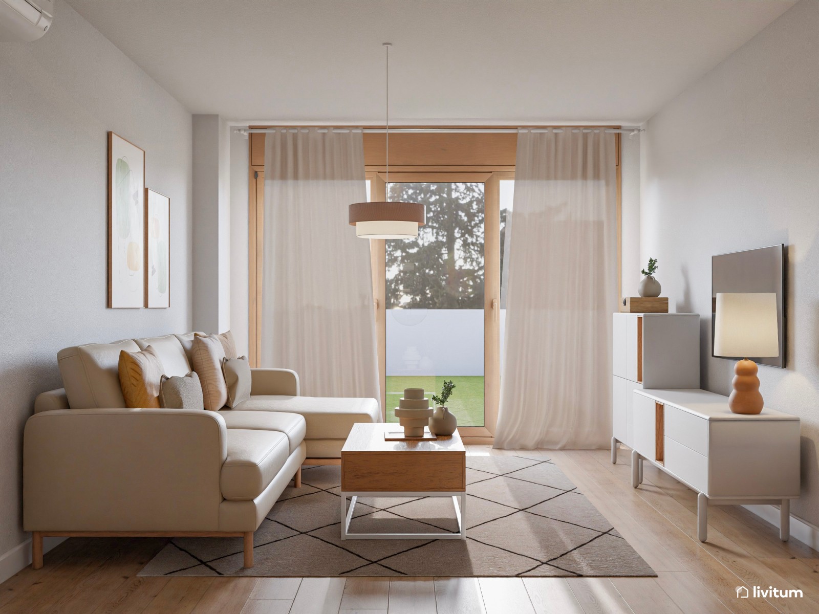 Salón comedor nórdico, con listones y zona de juegos