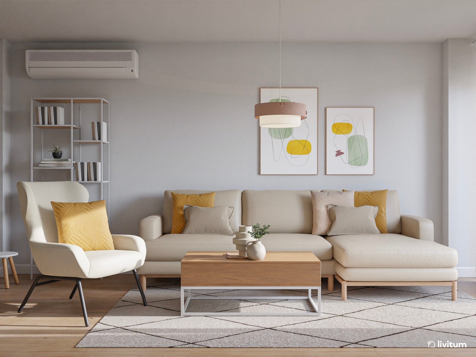 Salón comedor nórdico, con listones y zona de juegos