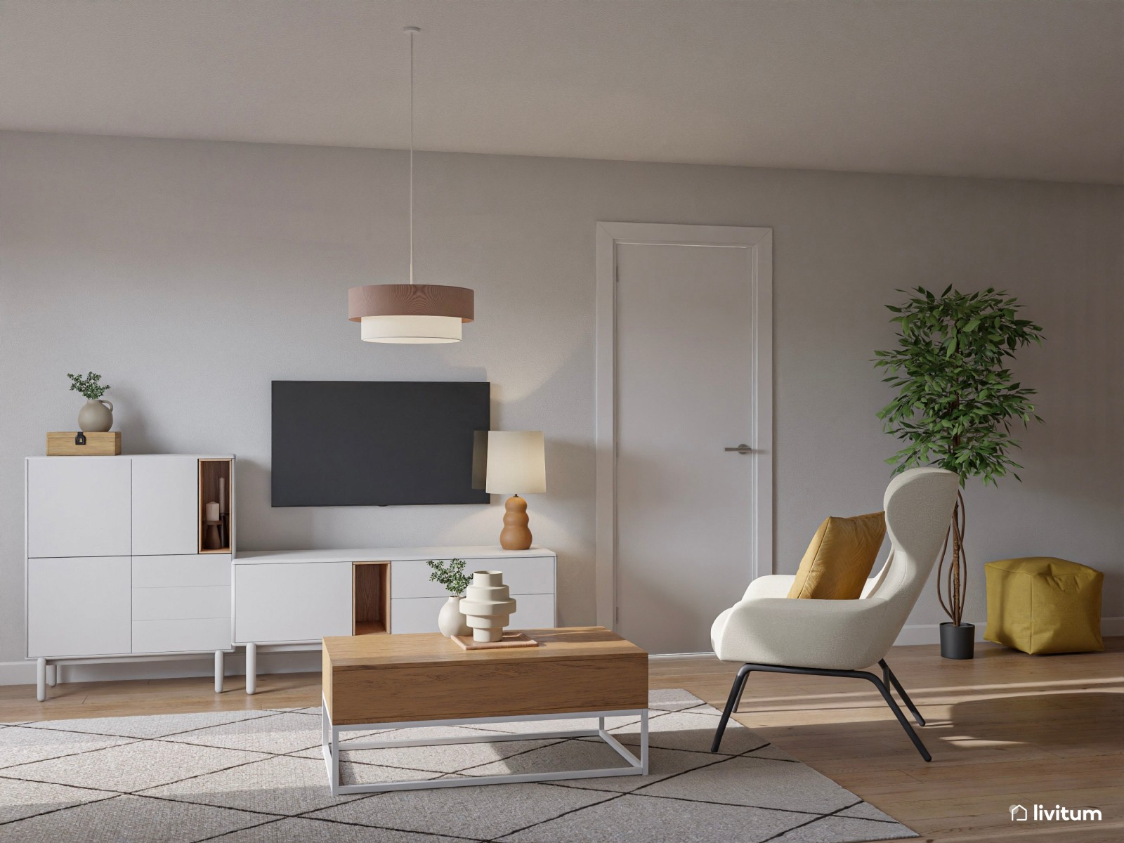 Salón comedor nórdico, con listones y zona de juegos