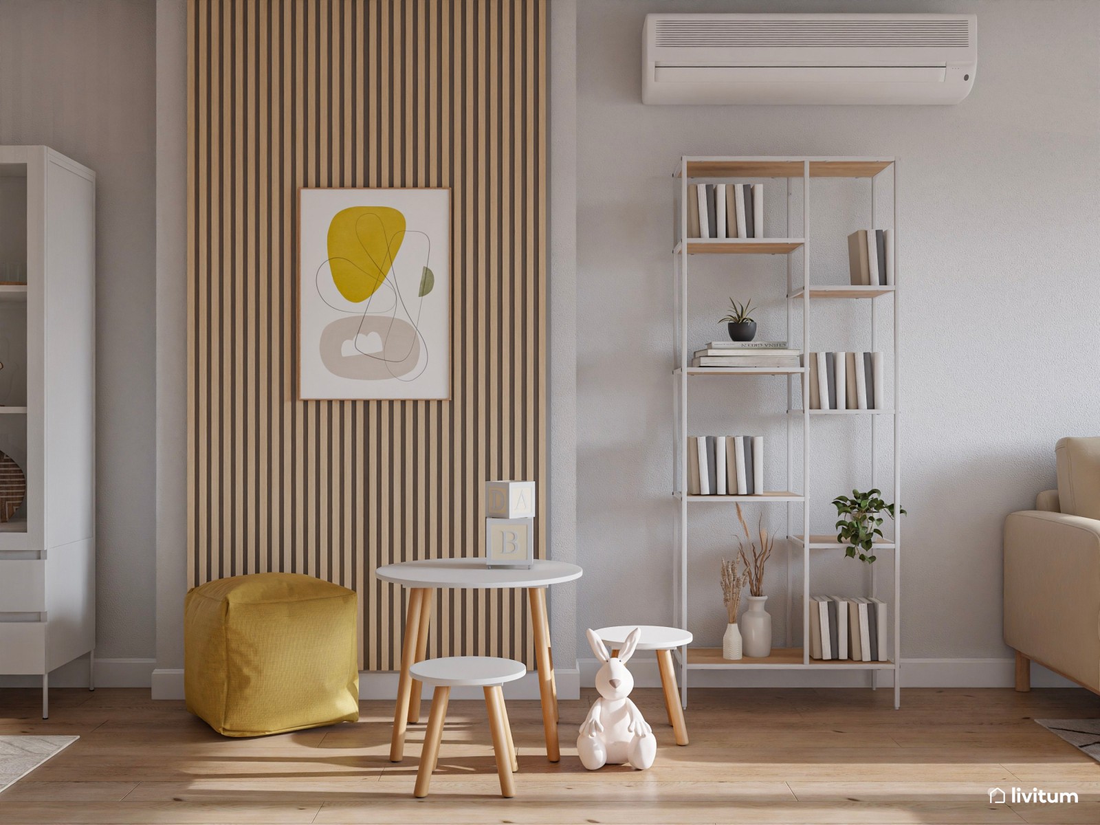 Salón comedor nórdico, con listones y zona de juegos
