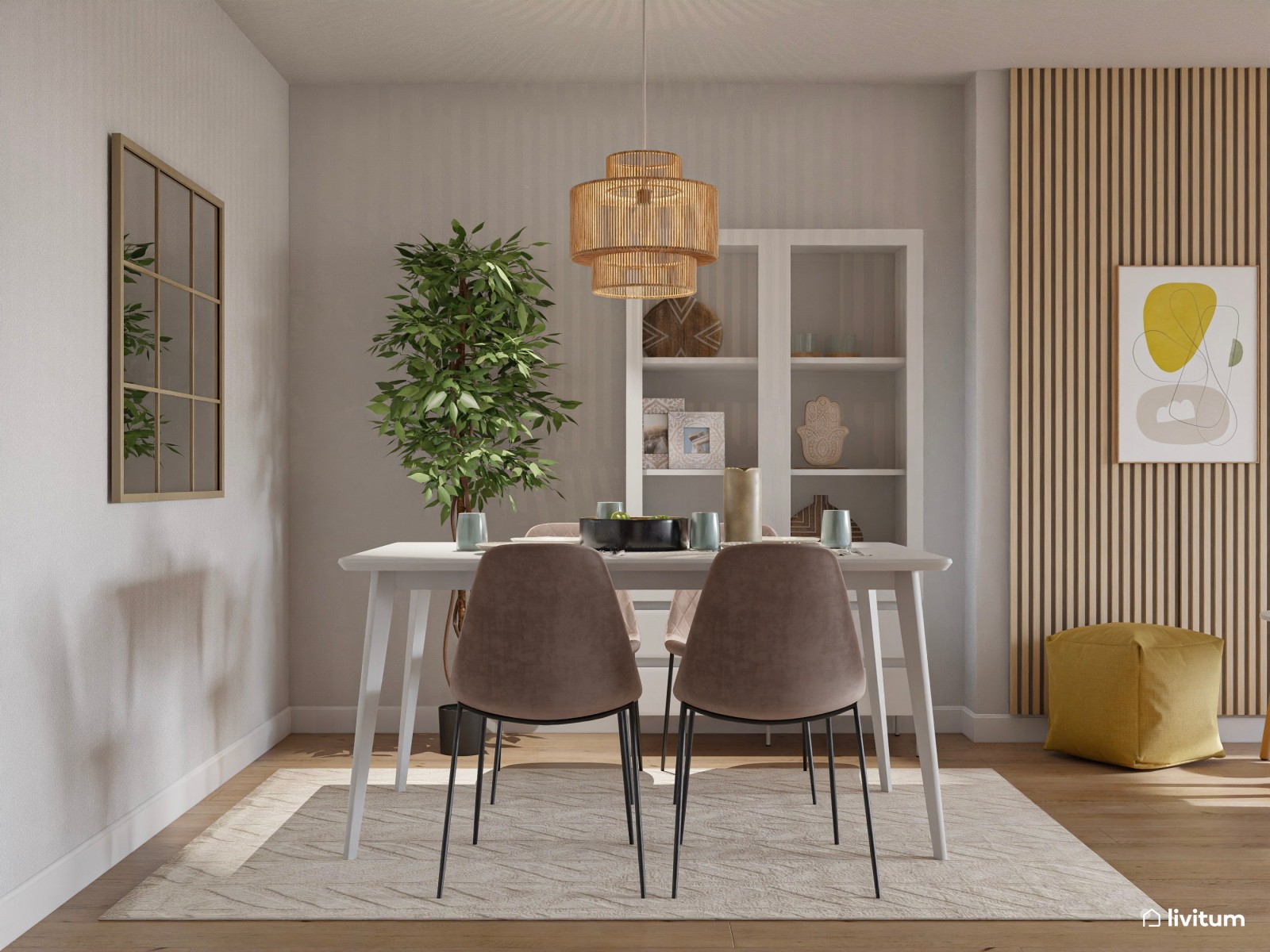 Salón comedor nórdico, con listones y zona de juegos