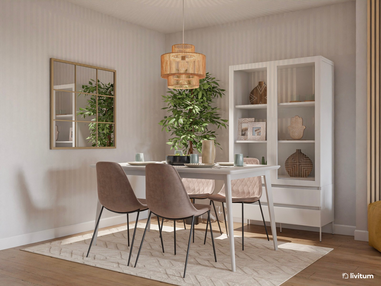 Salón comedor nórdico, con listones y zona de juegos