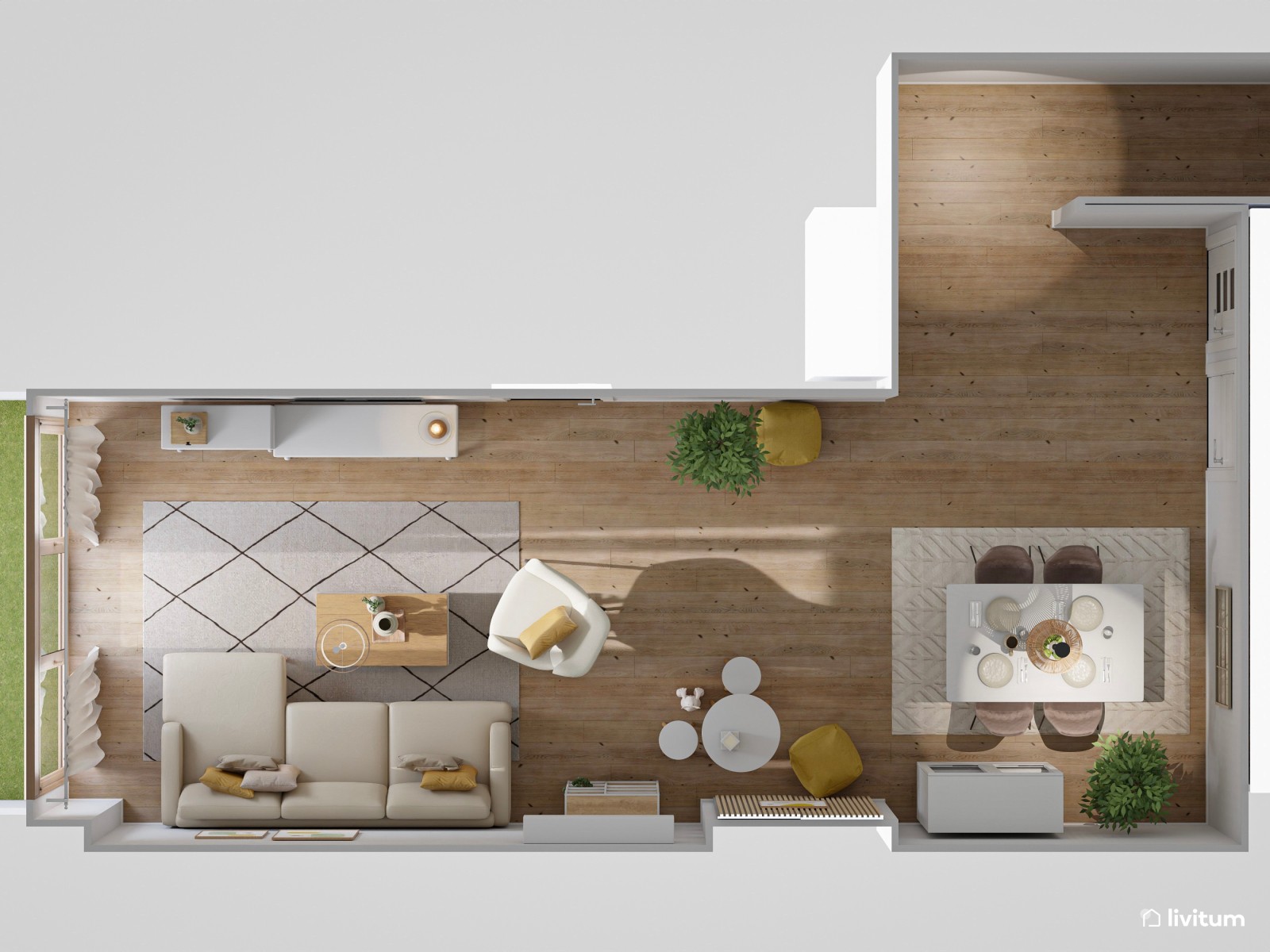Salón comedor nórdico, con listones y zona de juegos