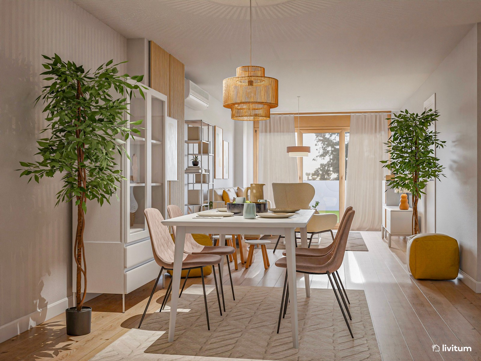 Salón comedor nórdico, con listones y zona de juegos