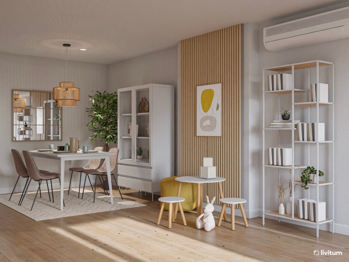 Salón comedor nórdico, con listones y zona de juegos