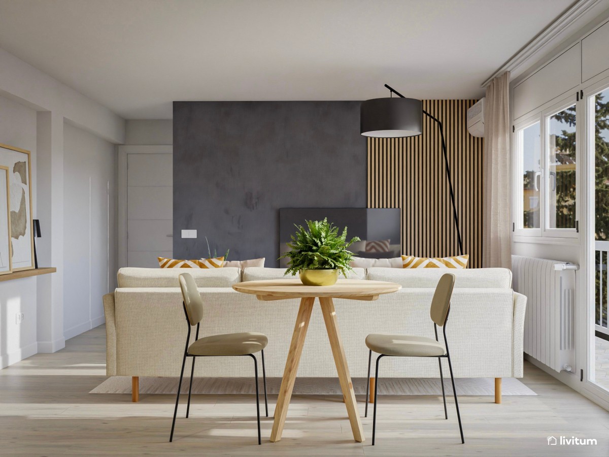 Salón comedor nórdico con moderna cocina en negro