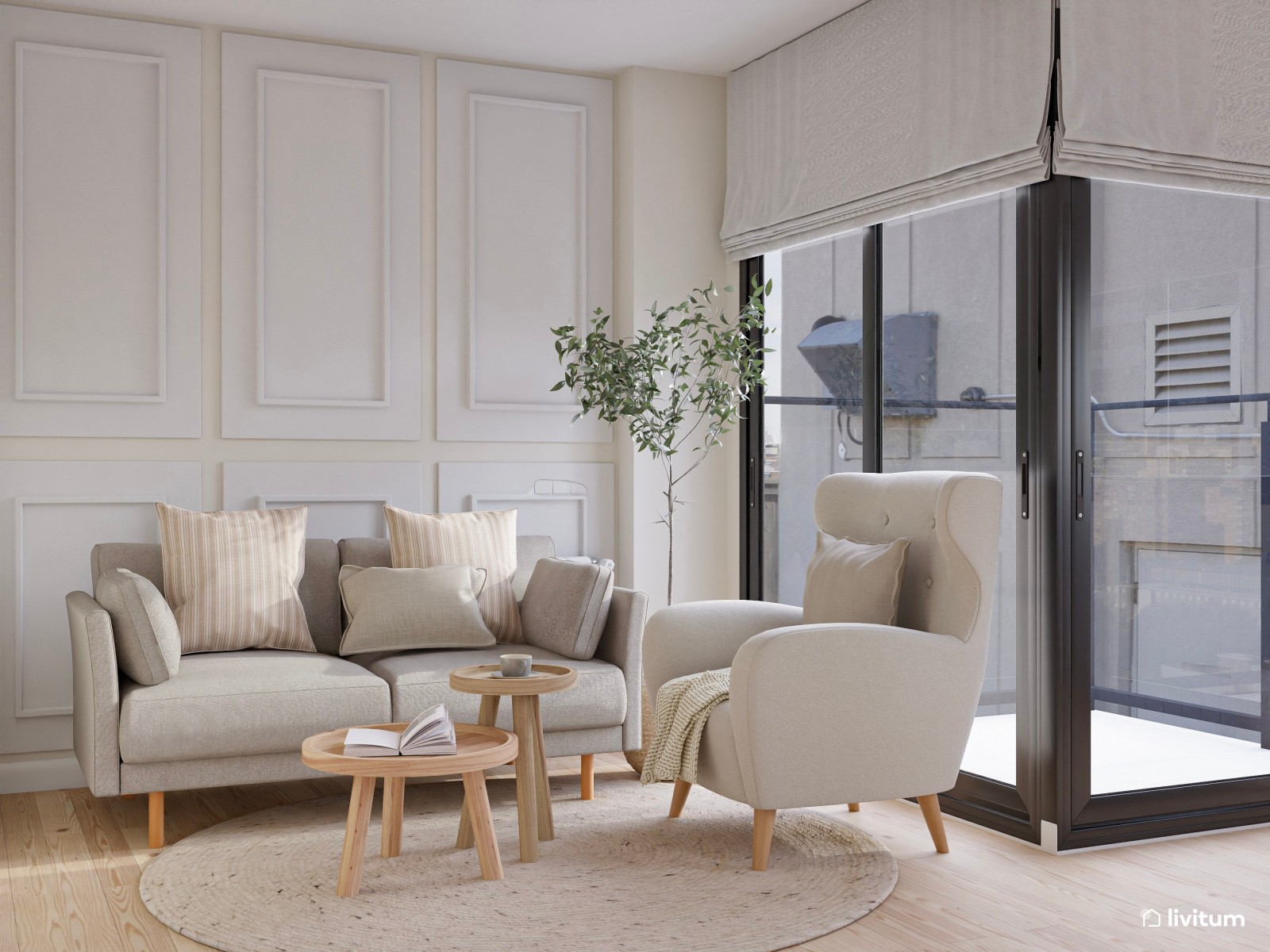 Salón comedor nórdico con molduras y una zona de trabajo 