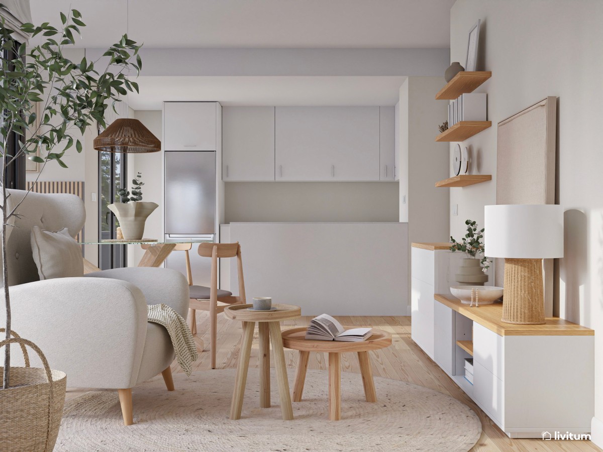 Salón comedor nórdico con molduras y una zona de trabajo - Livitum.com