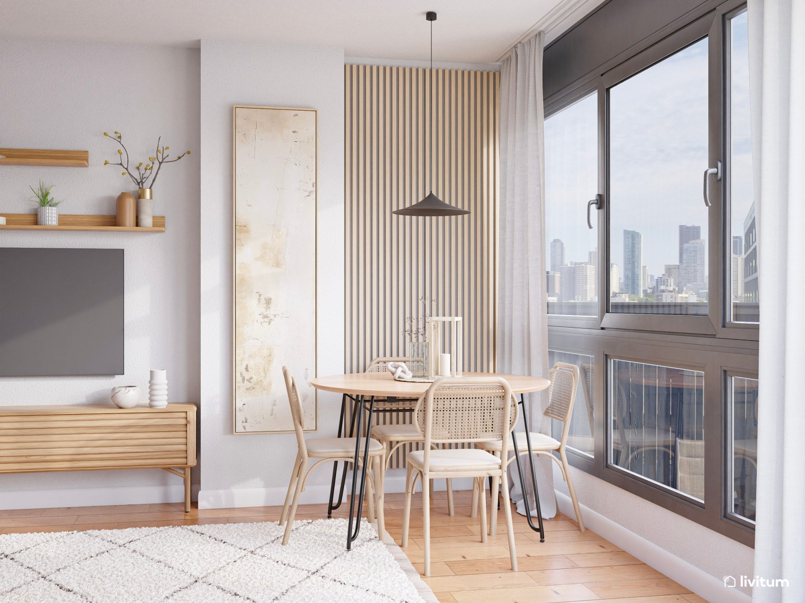 Salón comedor nórdico con mucha madera